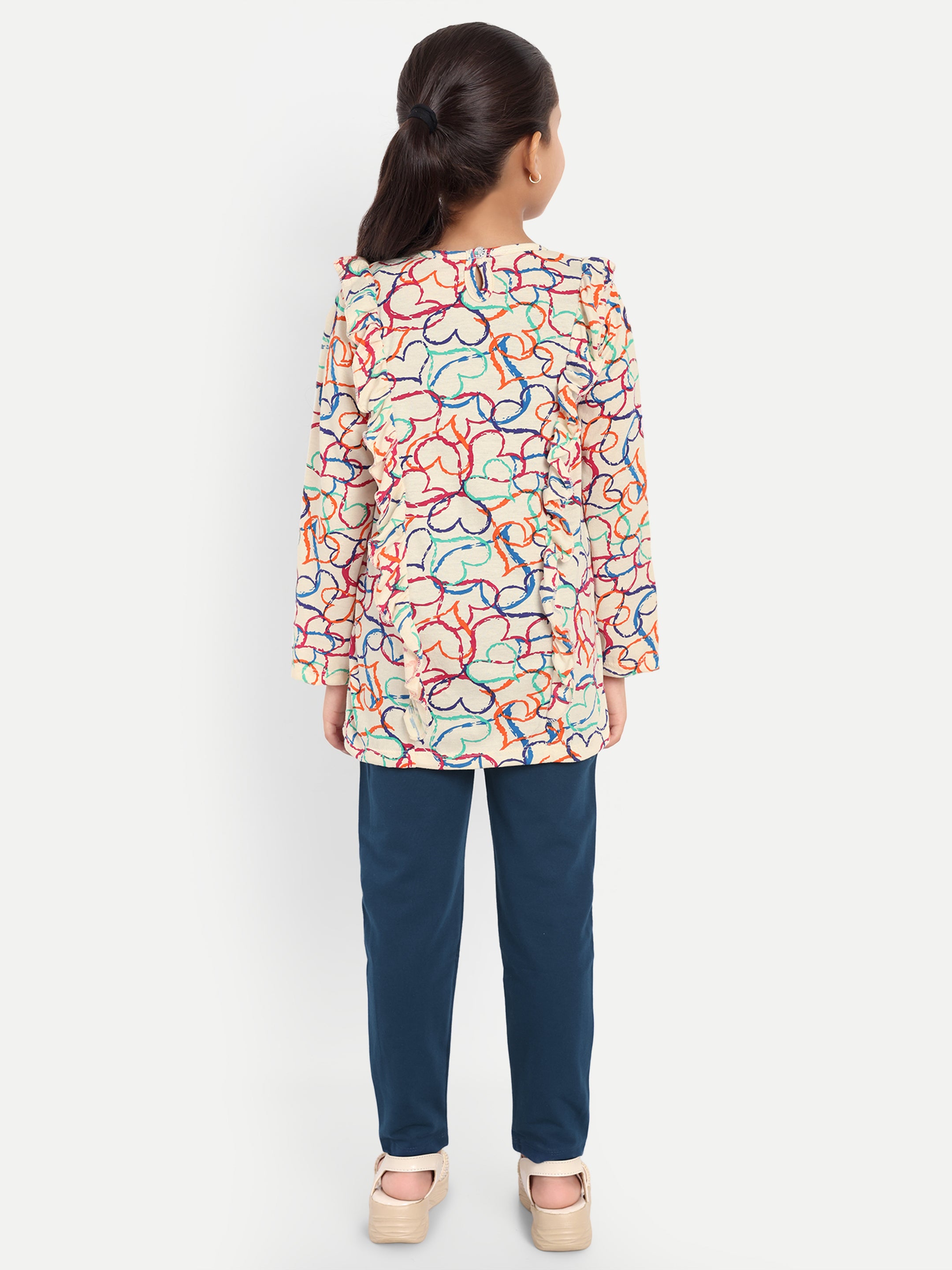Cotton Knit Full Sleeves Multicolor Hearts Printed Top and Lounge Pant