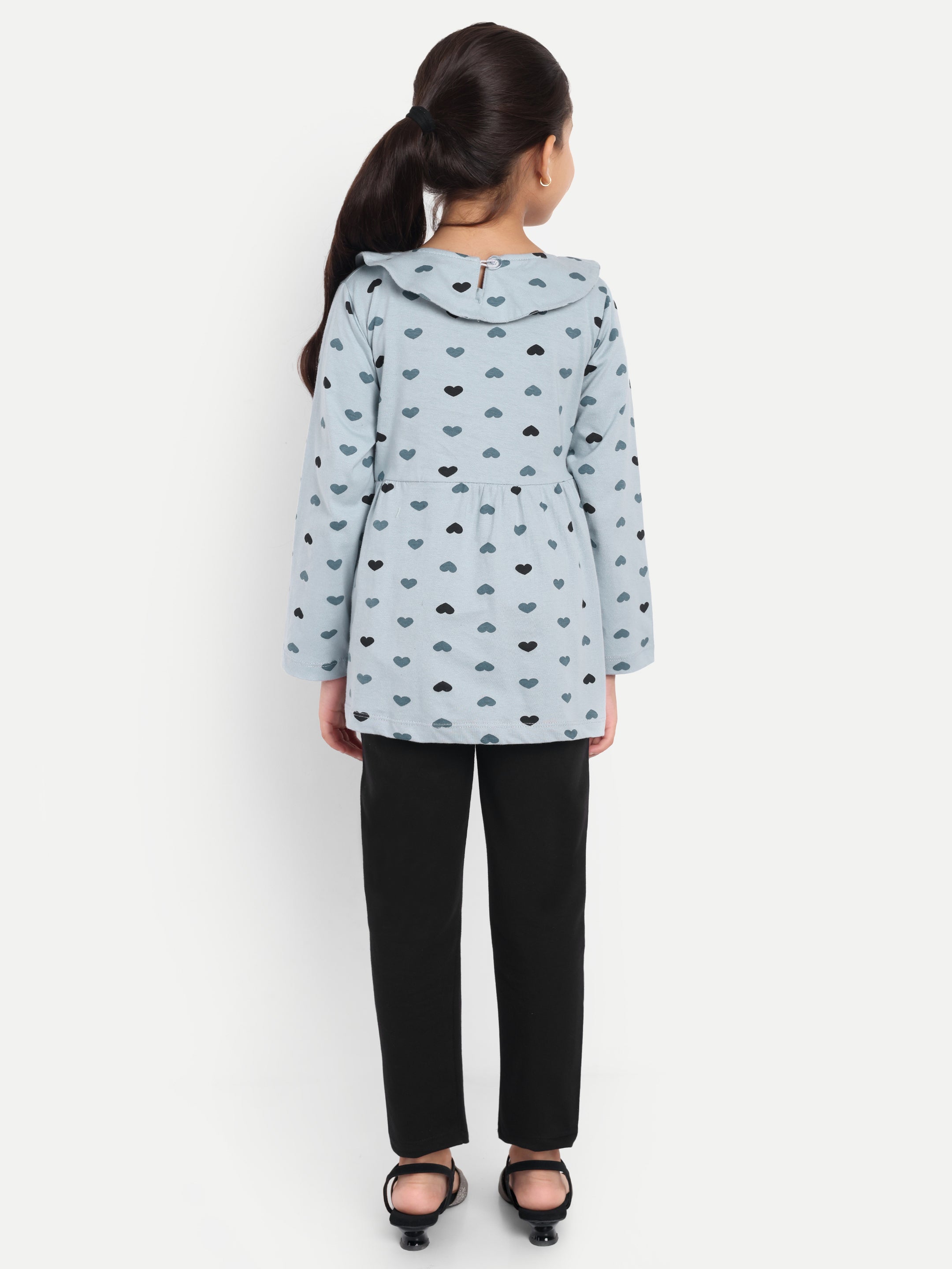 Cotton Knit Full Sleeves Heart Printed Top with Bow and Lounge Pant