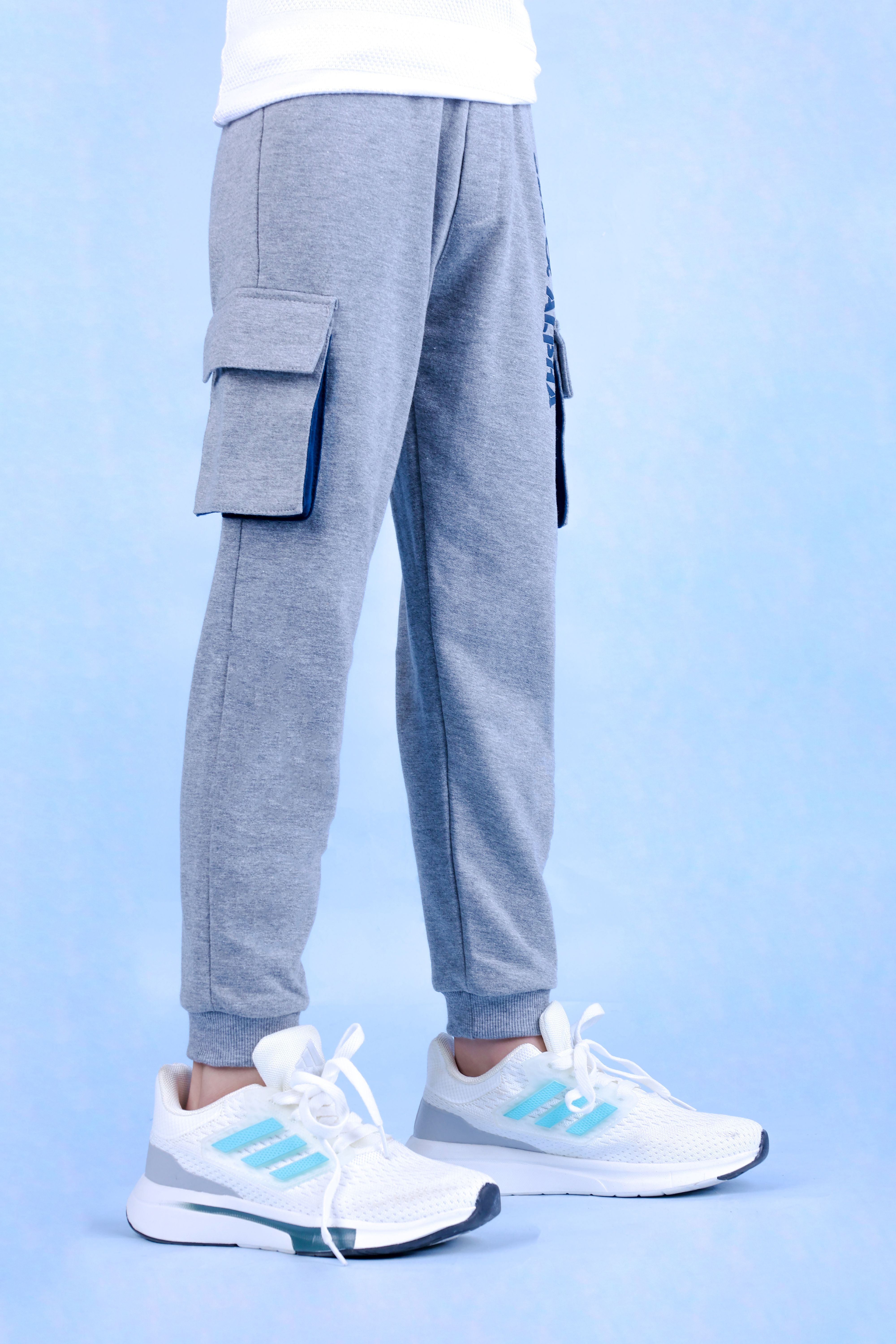 Cotton Looper Full Length Fancy Box Pocketed Gen Alpha Printed Joggers - Grey