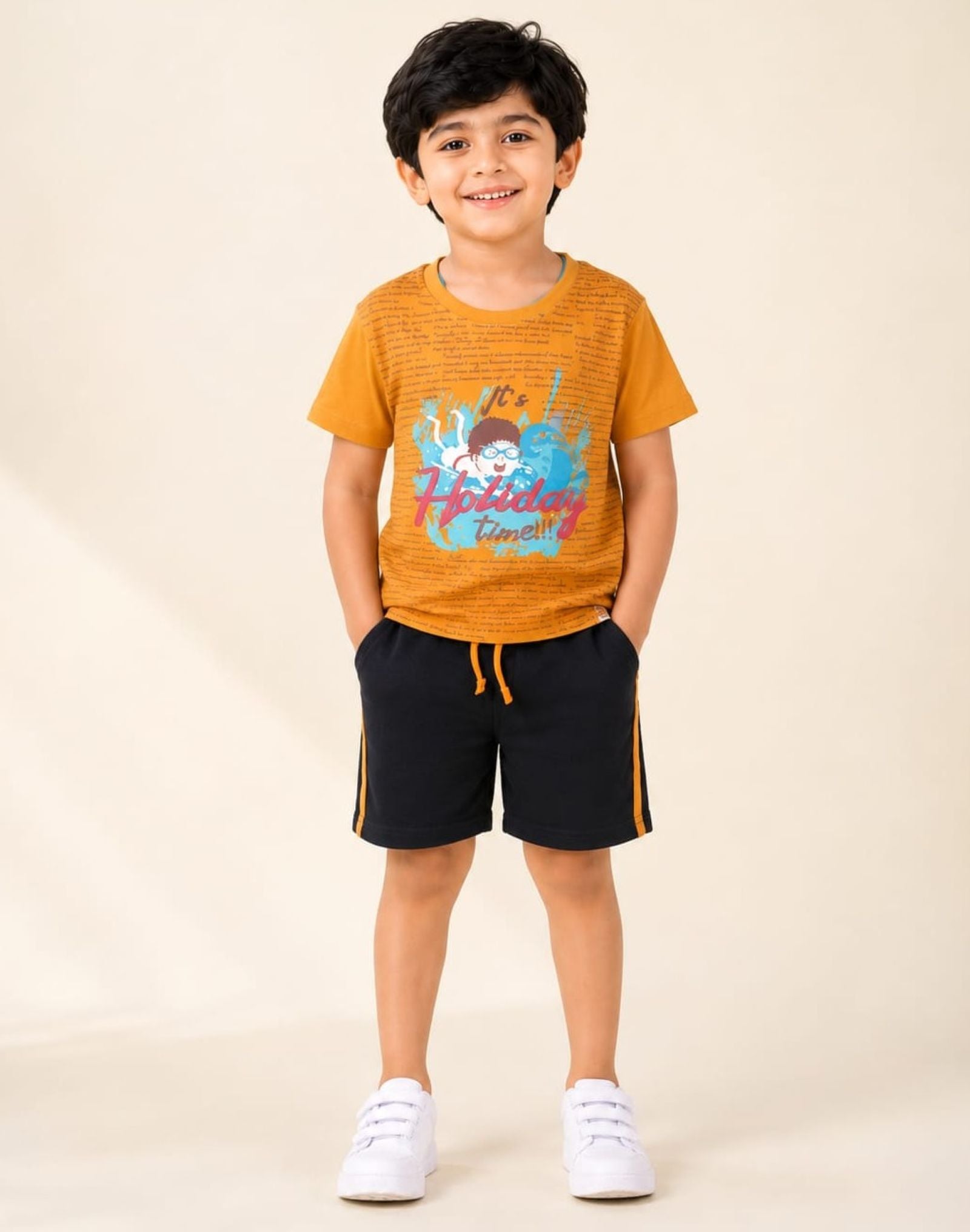 Cotton Knit Lycra Half Sleeves HD Printed Tee and Shorts Set - Orange & Black