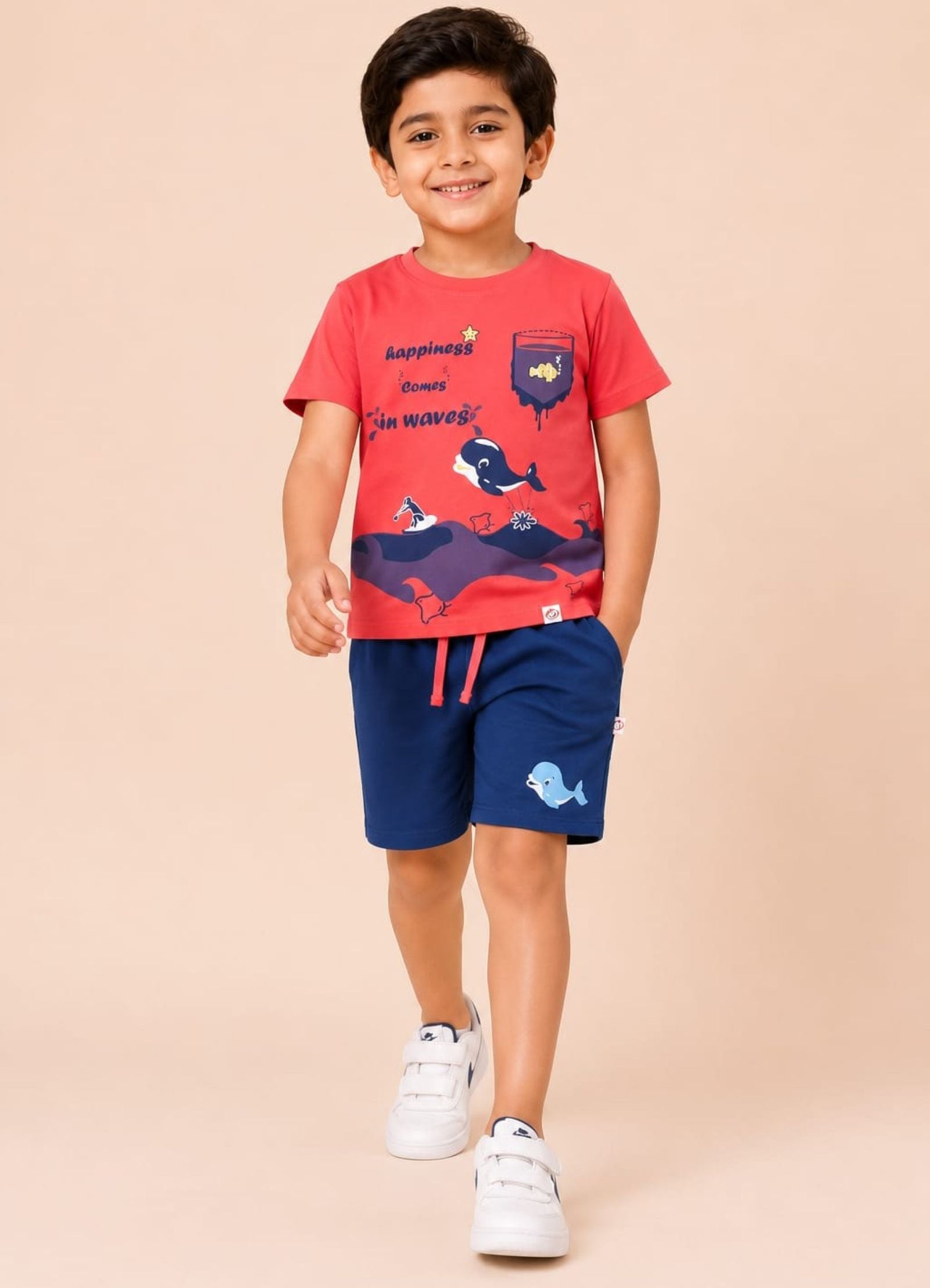 Cotton Knit Lycra Half Sleeves Printed Tee and Shorts Set - Peach & Navy