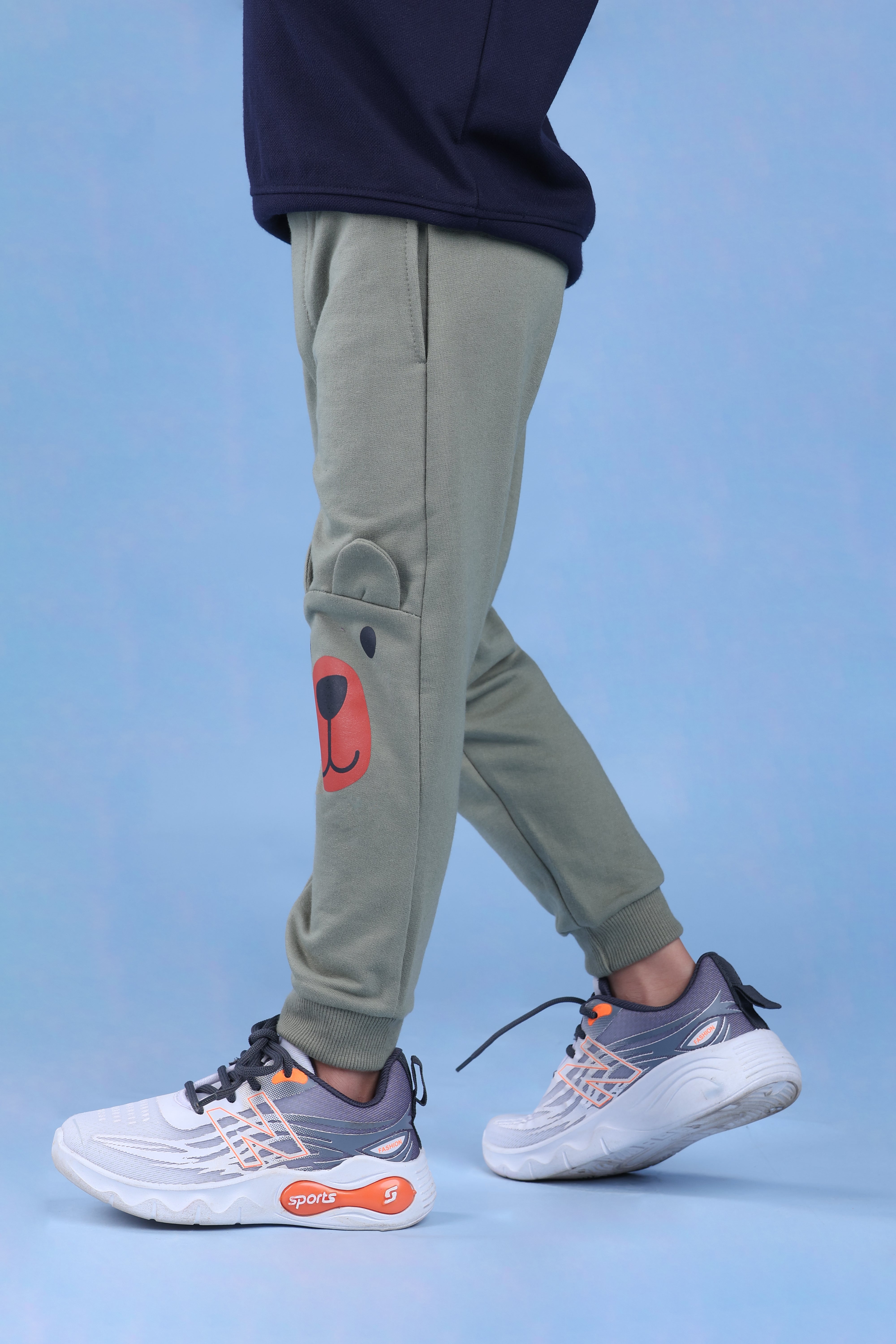 Cotton Loopknit Knee Bear Joggers With Rib And Drawstring - Green