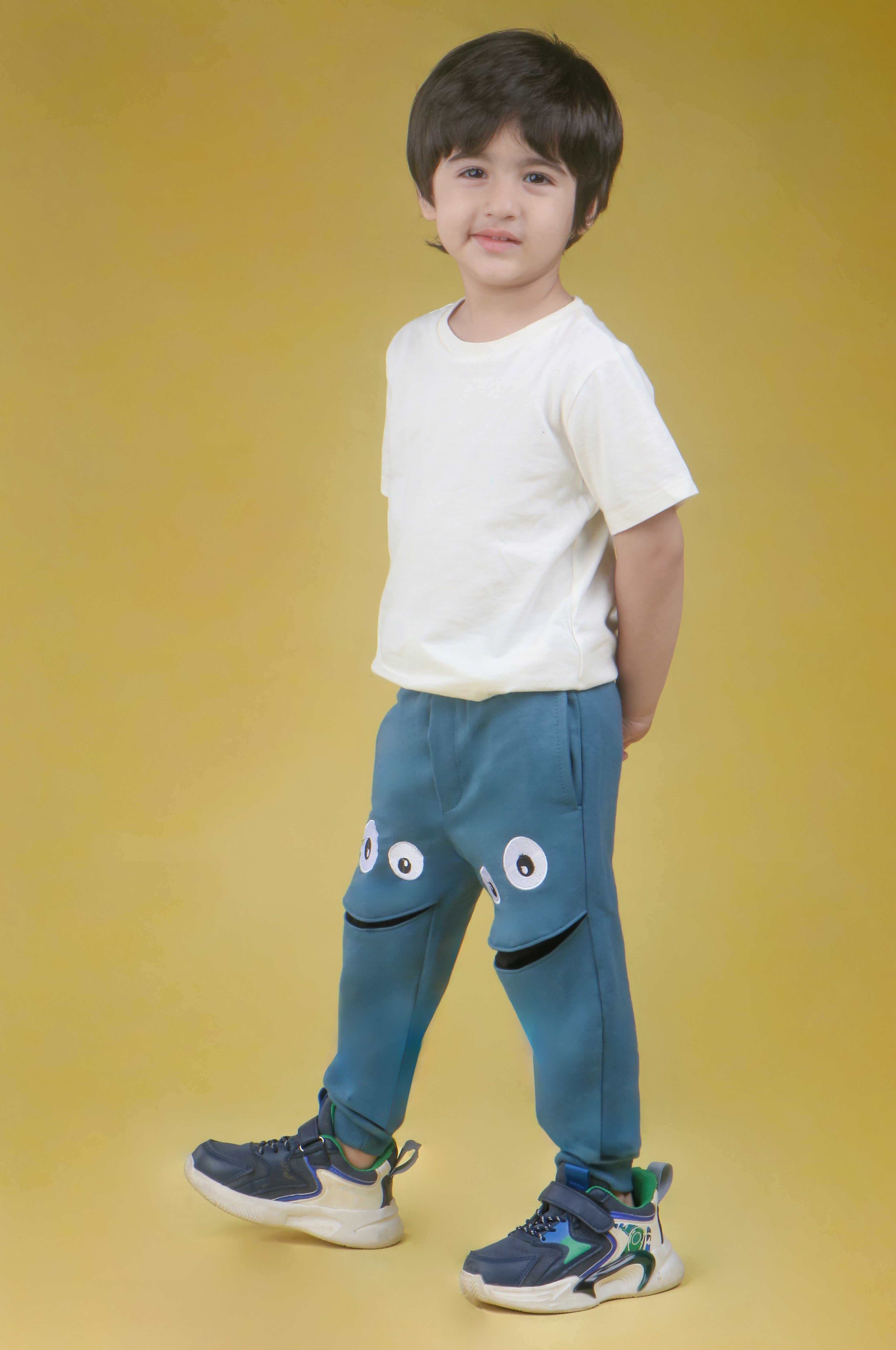Cotton Loopknit Knee Smiley Joggers With Rib And Drawstring - Blue