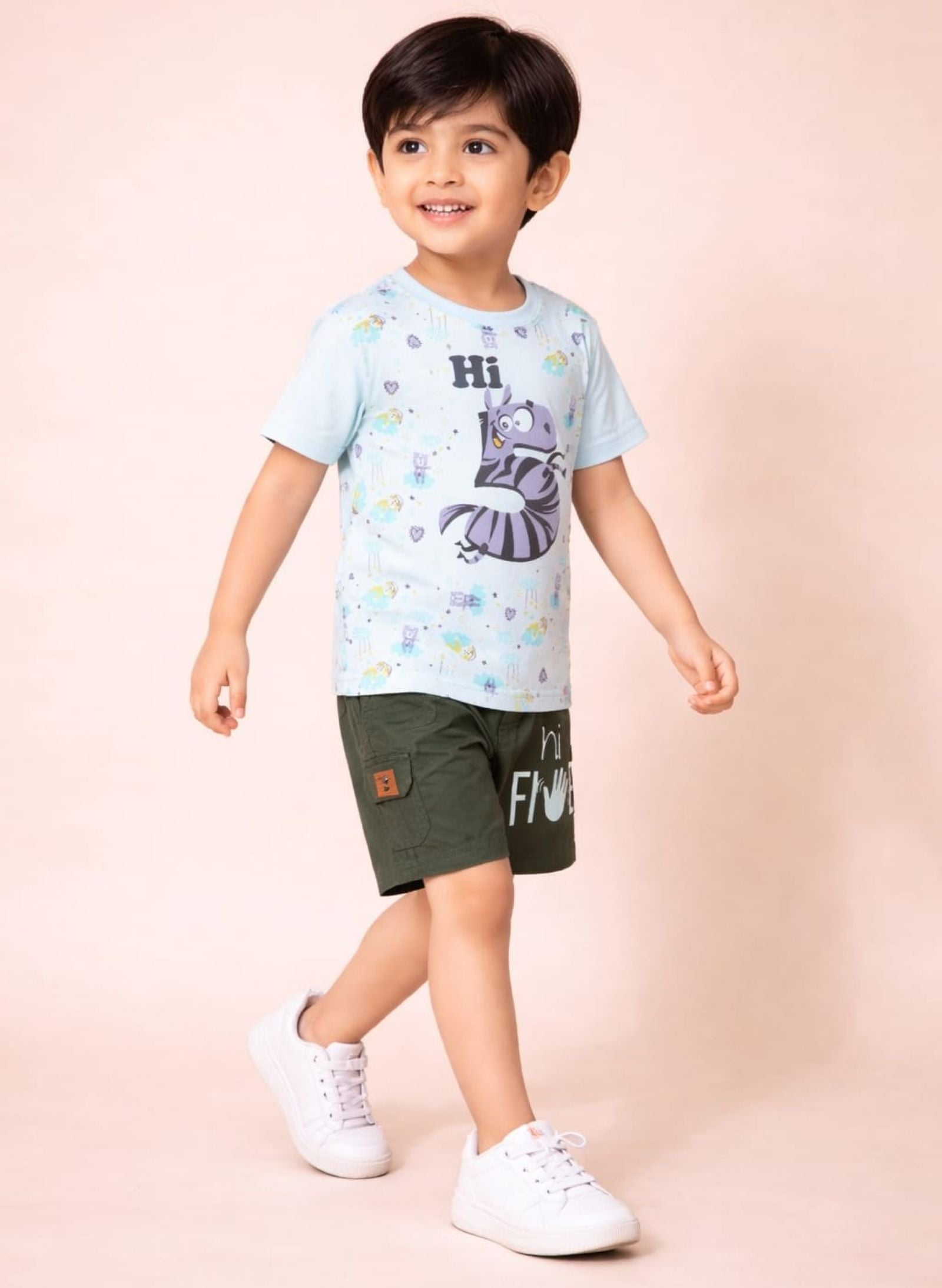 Cotton Lycra Knit Half Sleeves Printed Tee & Woven Cargo Shorts Set - Off White & Green