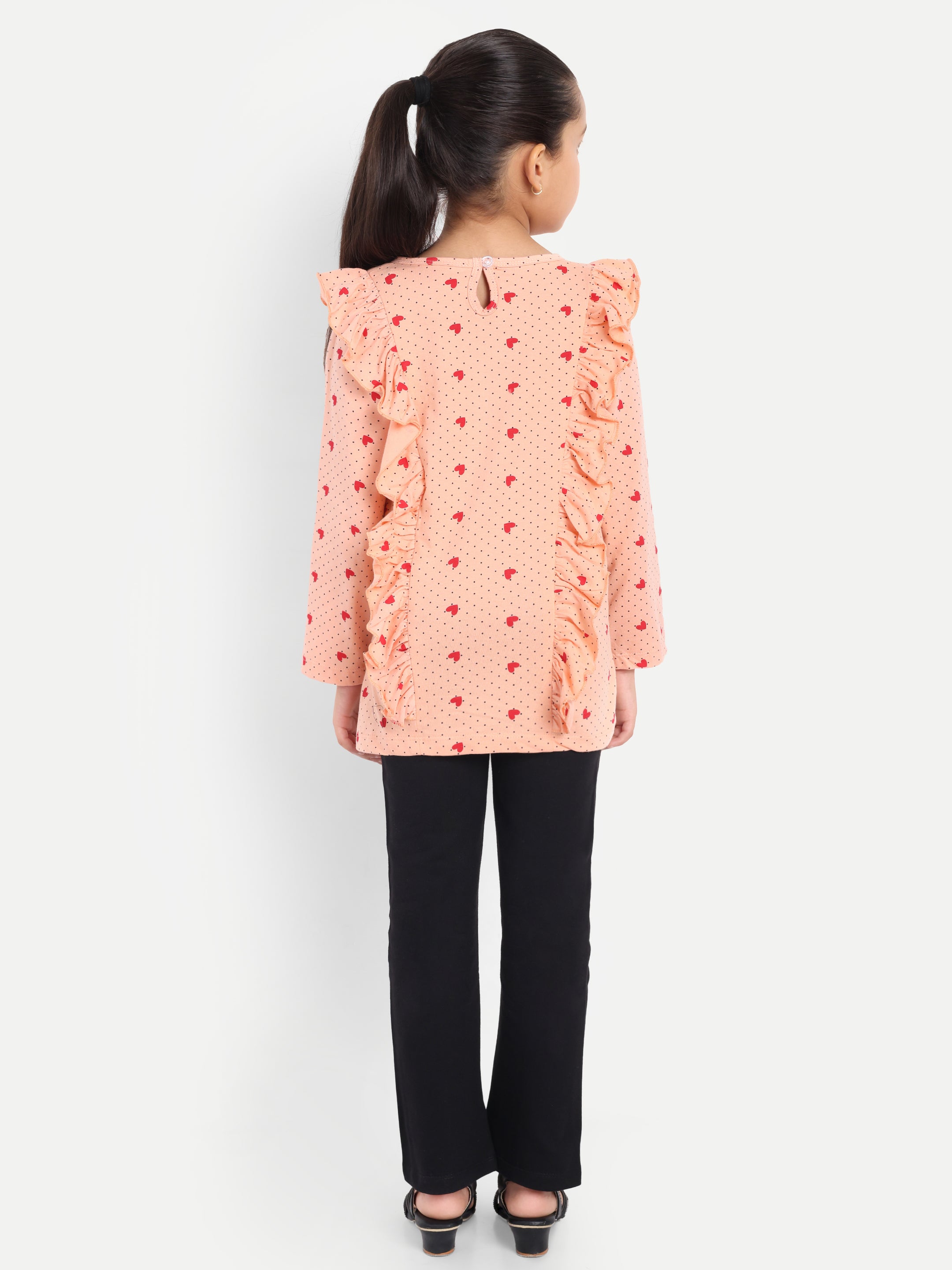Cotton Knit Full Sleeves Hearts Printed Ruffle Top and Lounge Pant