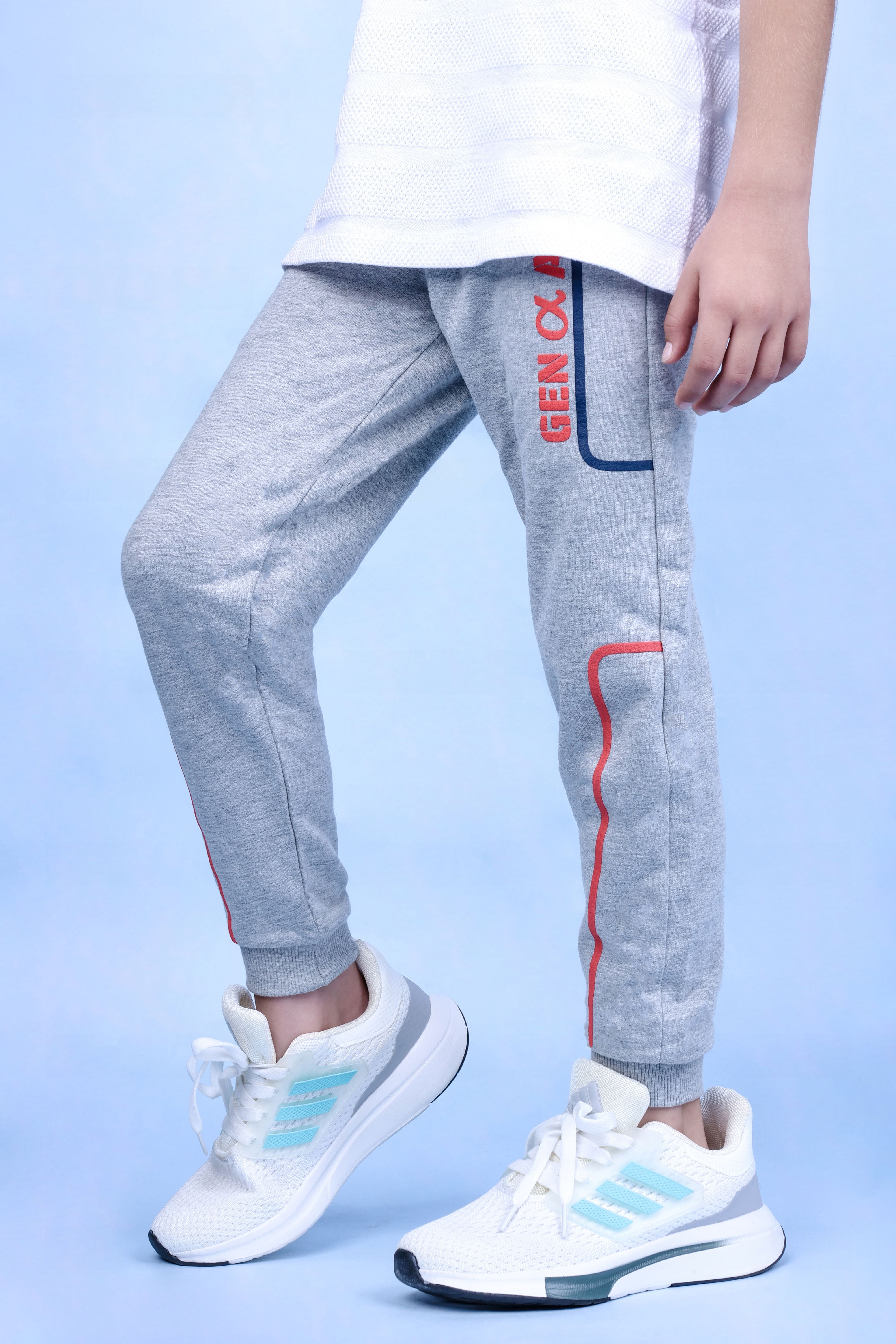 Cotton Loopknit Full Length Puff Lines Gen Alpha Printed Joggers - Grey