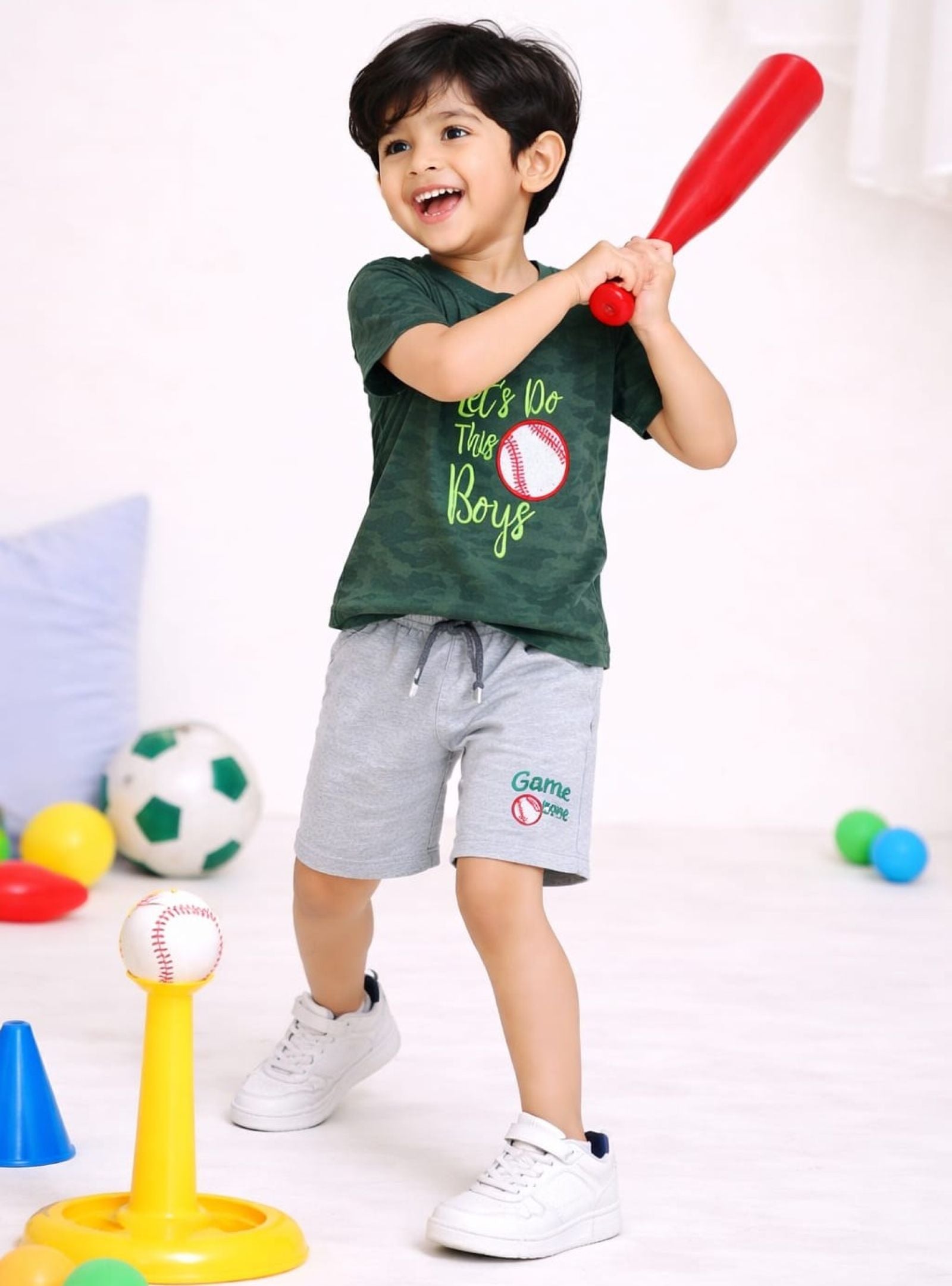 Cotton Lycra Knit Half Sleeves Embroidered Tee & Shorts Set - Green & Grey