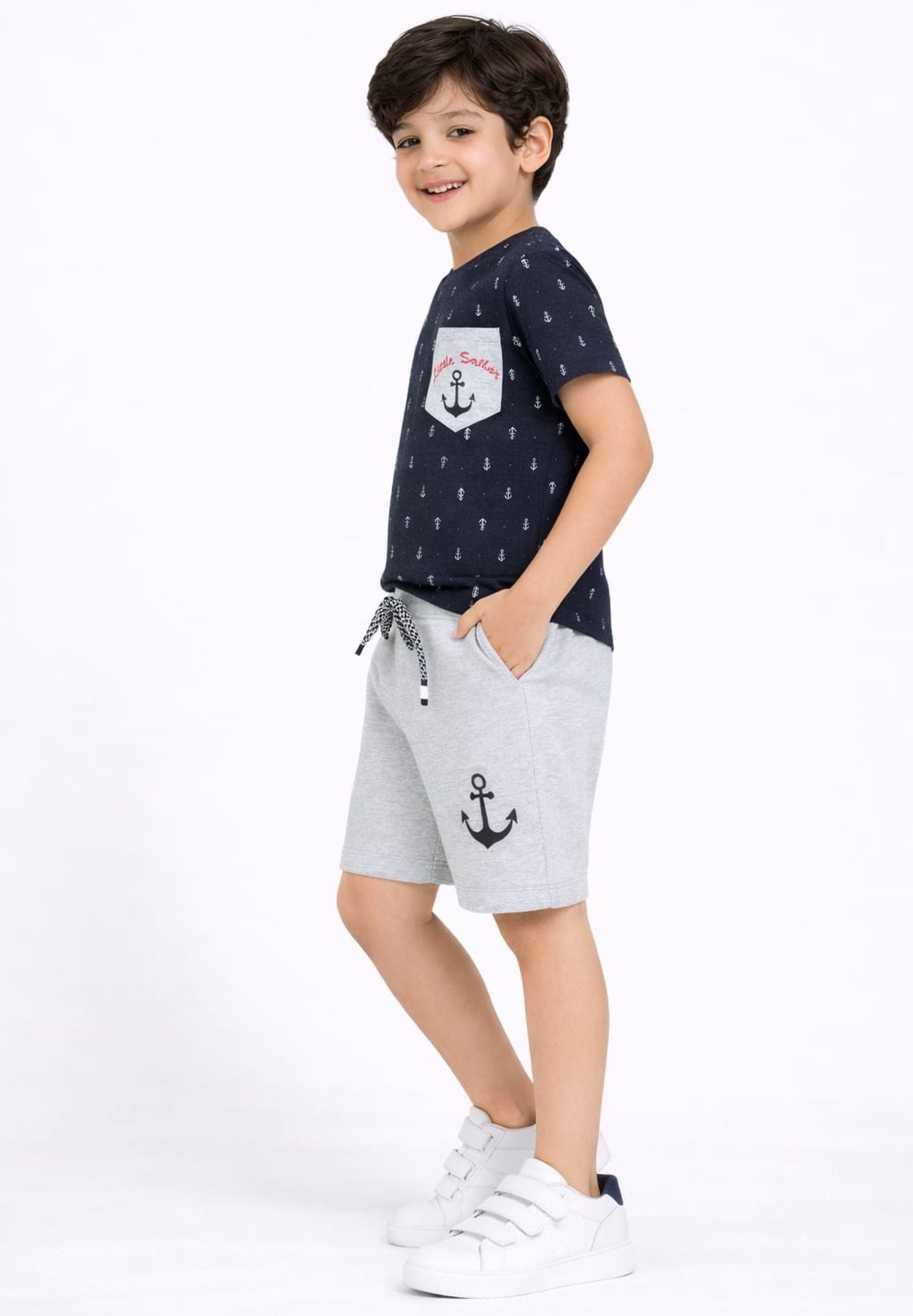 Cotton Lycra Knit Half Sleeves Printed Tee & Shorts Set - Charcoal & Grey