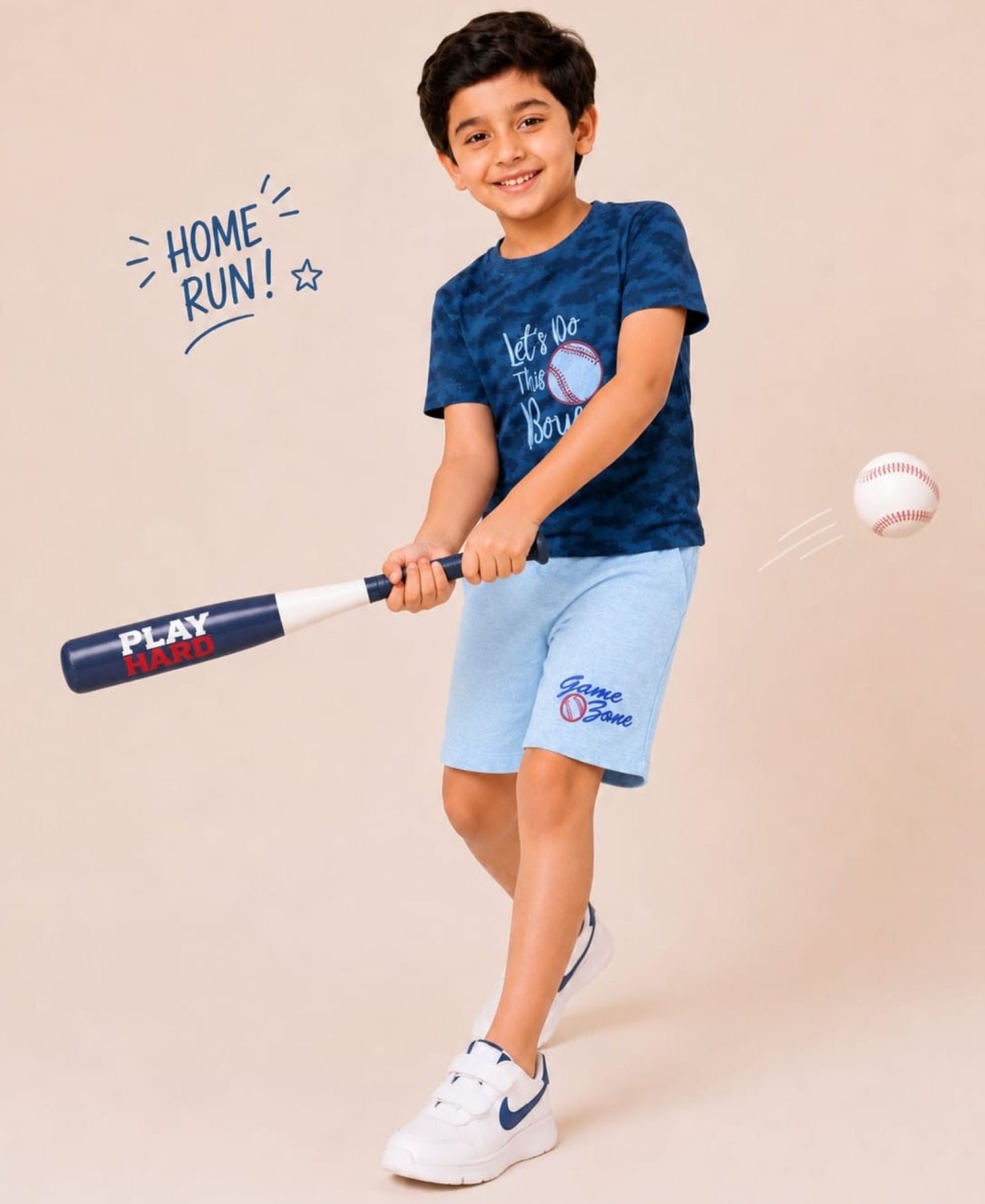 Cotton Knit Lycra Half Sleeves Embroidered Tee and Shorts Set - Navyblue and Grey