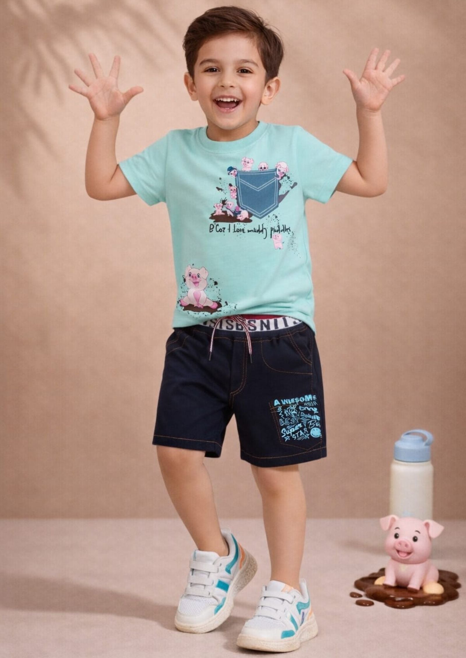Cotton Lycra Knit Half Sleeves Printed Tee & Denim Shorts Set - Sky Blue & Navy Blue