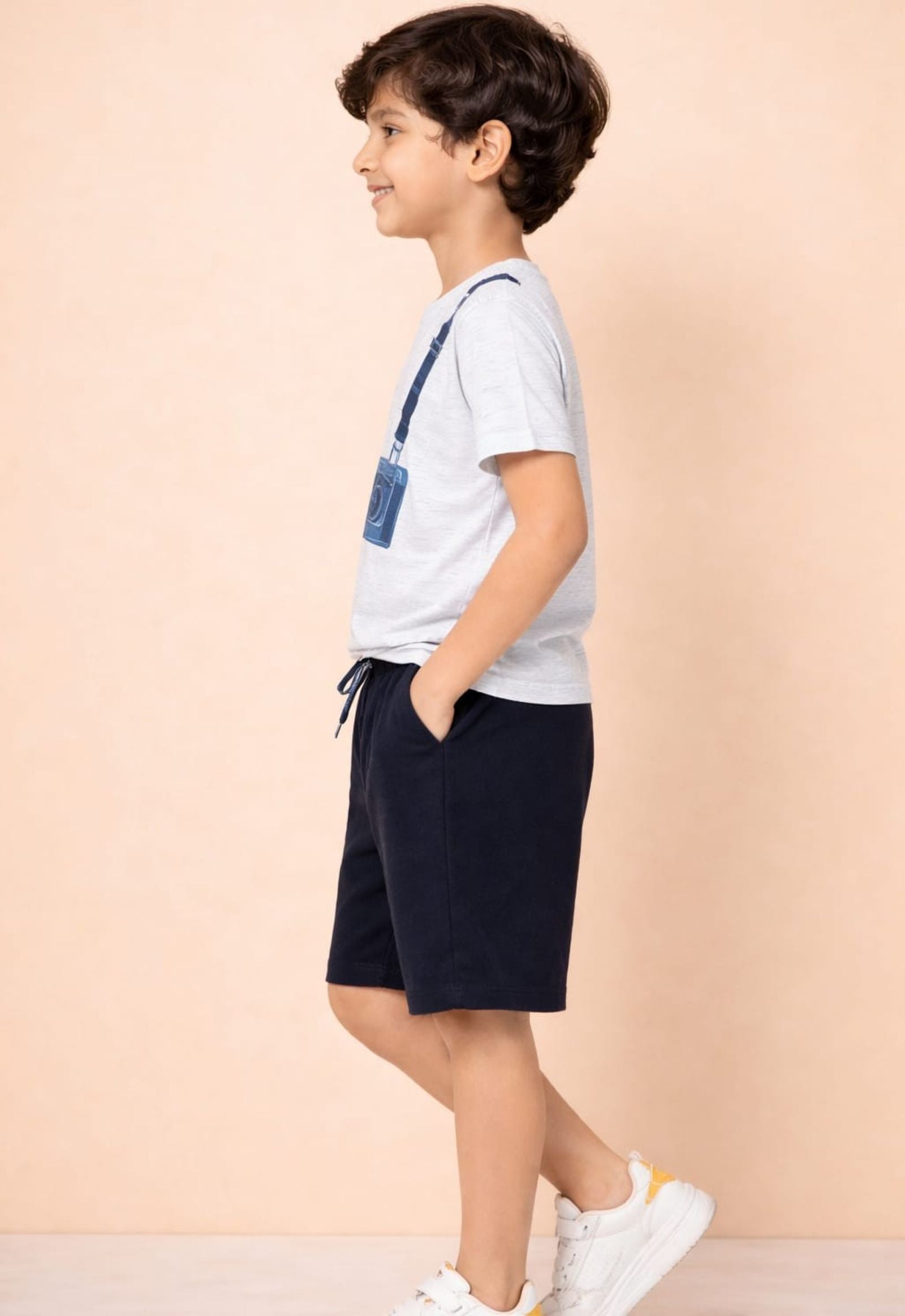 Cotton Lycra Knit Half Sleeves Camera Printed Tee & Shorts Set - Off White & Black