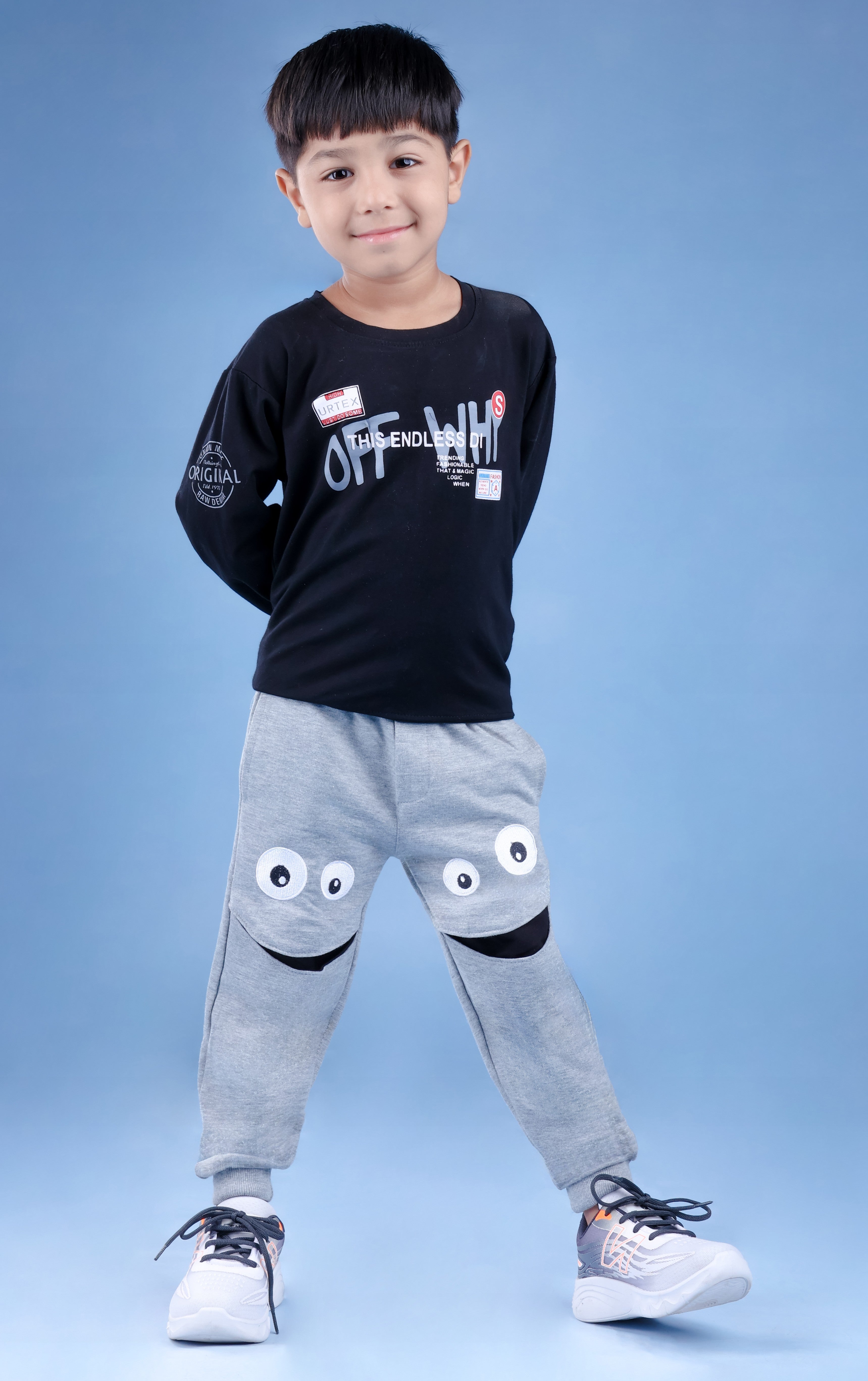 Cotton Loopknit Knee Smiley Joggers With Rib And Drawstring - Grey