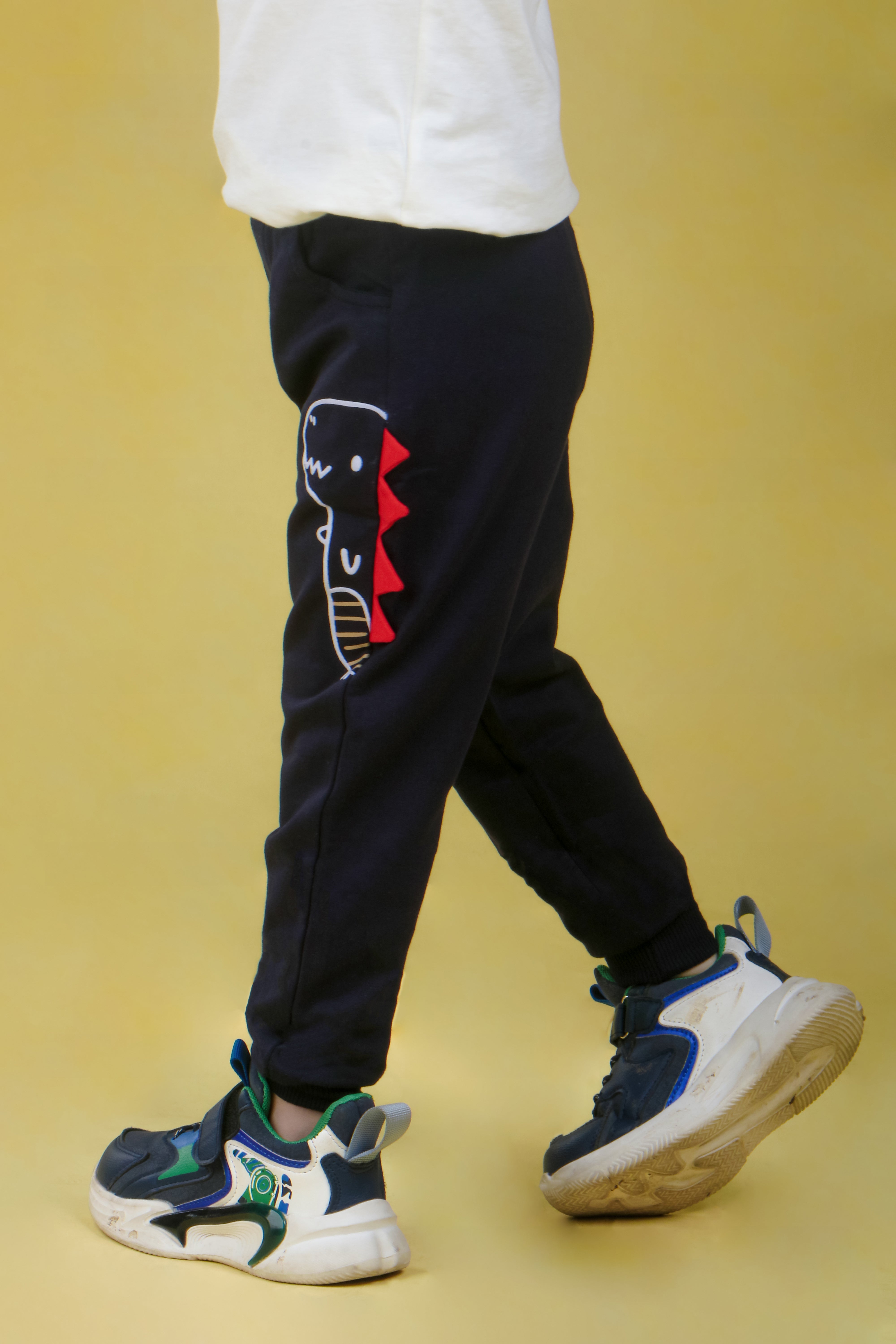 Cotton Loopknit Dino Printed Joggers With Rib And Drawstring - Navy
