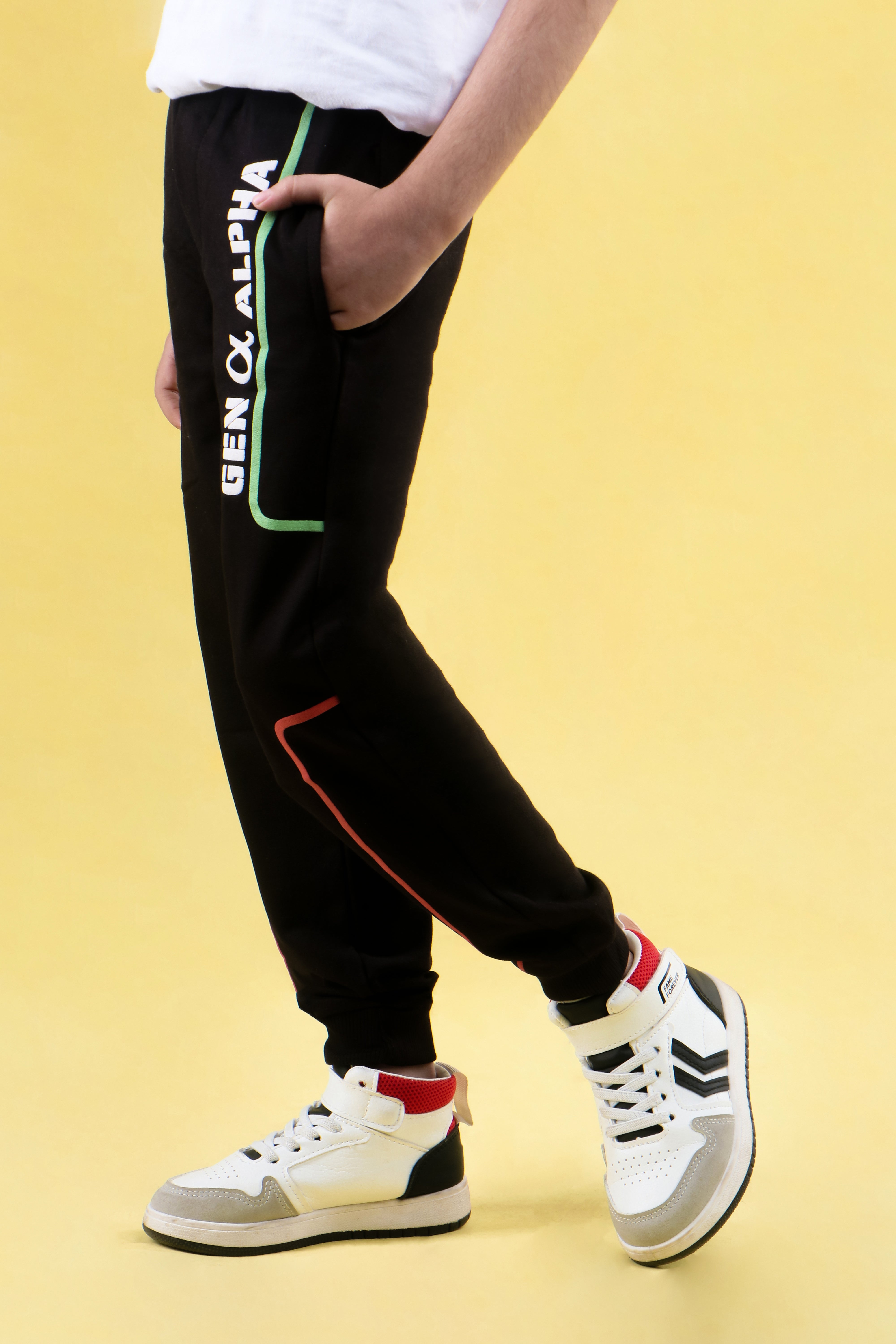 Cotton Loopknit Full Length Puff Lines Gen Alpha Printed Joggers - Black