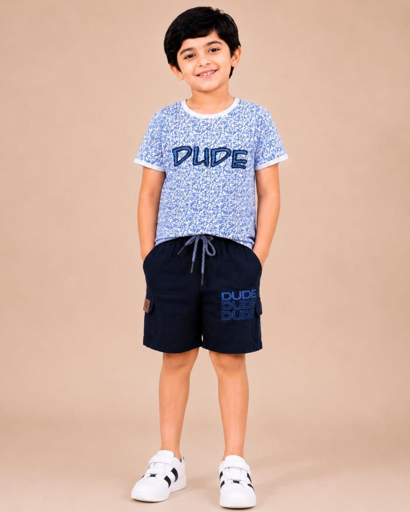 Cotton Knit Lycra Half Sleeves Allover Printed Tee and Woven Cargo Shorts Set - Skyblue & Navy