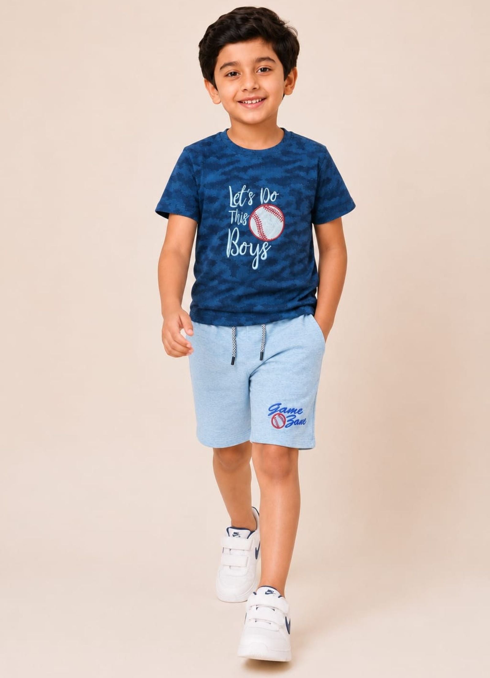 Cotton Knit Lycra Half Sleeves Embroidered Tee and Shorts Set - Navyblue and Grey