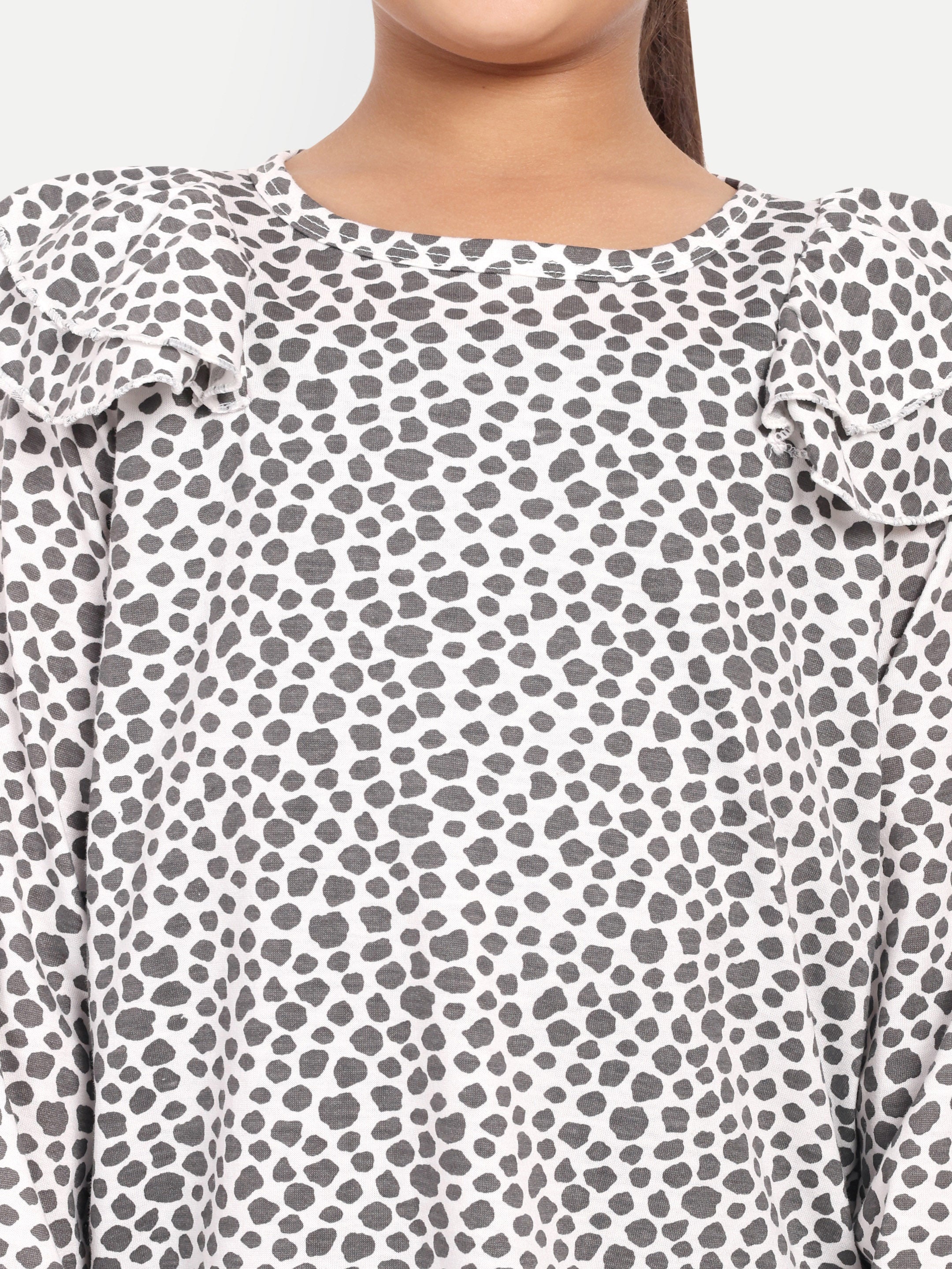 Cotton Knit Full Sleeves Polka Printed Top with Frills and Lounge Pant