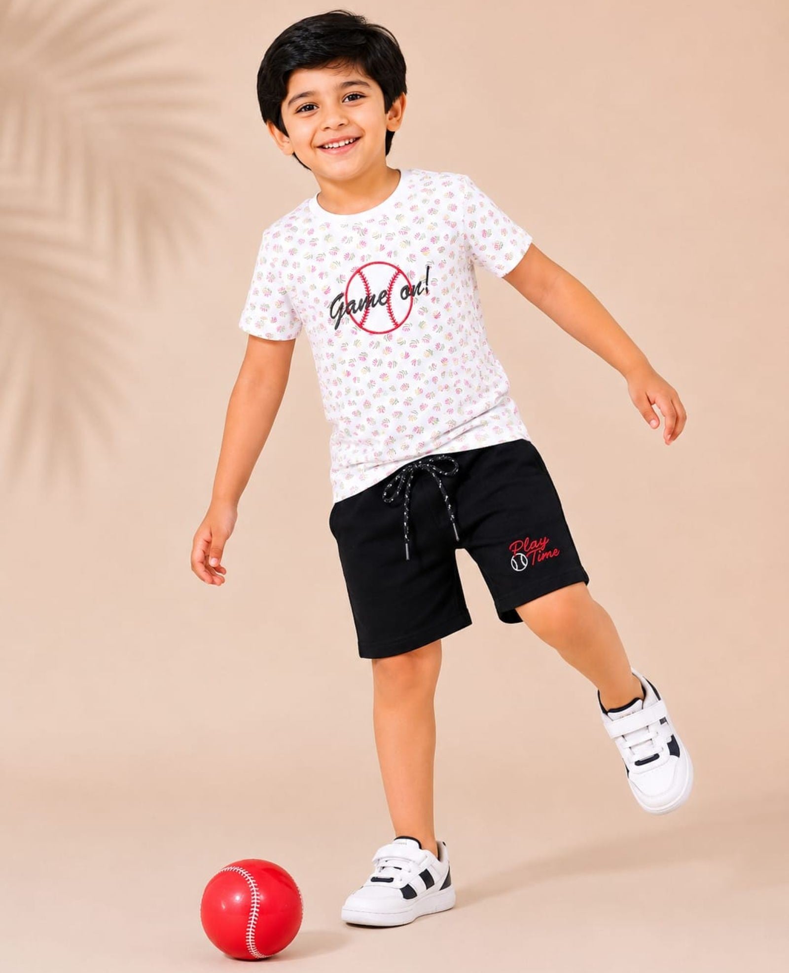 Cotton Knit Lycra Half Sleeves Embroidered Tee and Shorts Set - Multicolor R and Black