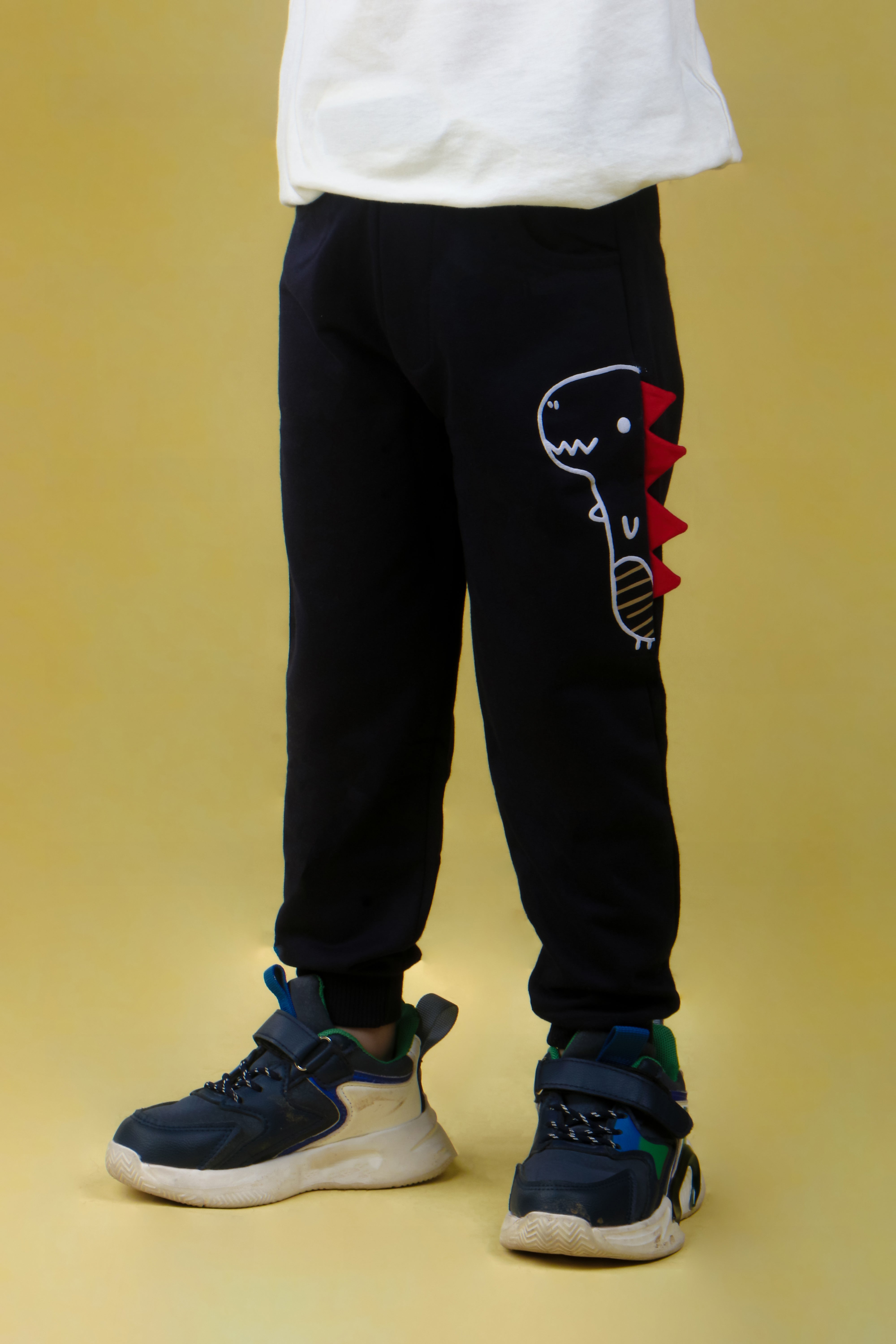 Cotton Loopknit Dino Printed Joggers With Rib And Drawstring - Navy