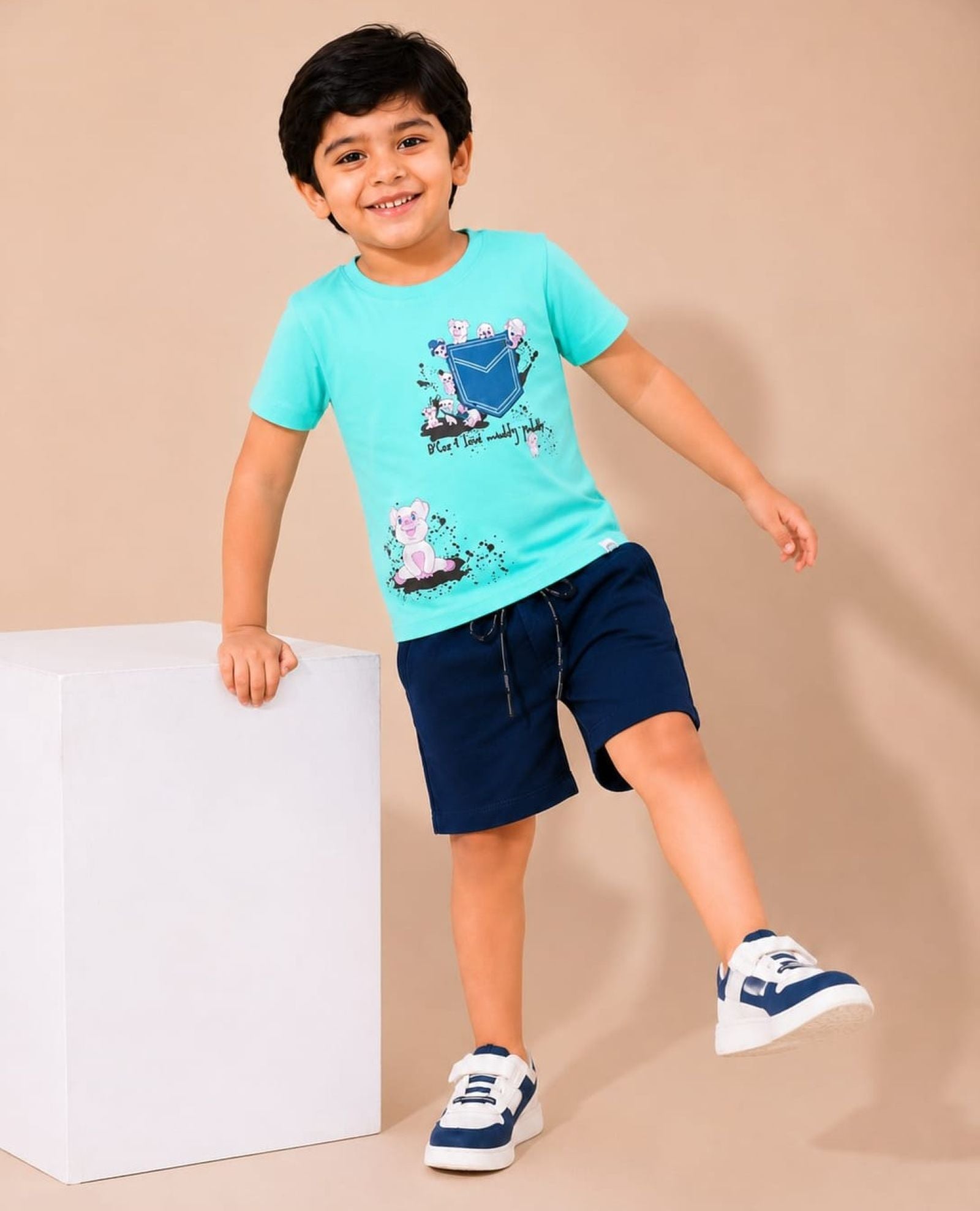 Cotton Knit Lycra Half Sleeves Printed Tee and Shorts Set - Seagreen & Navy