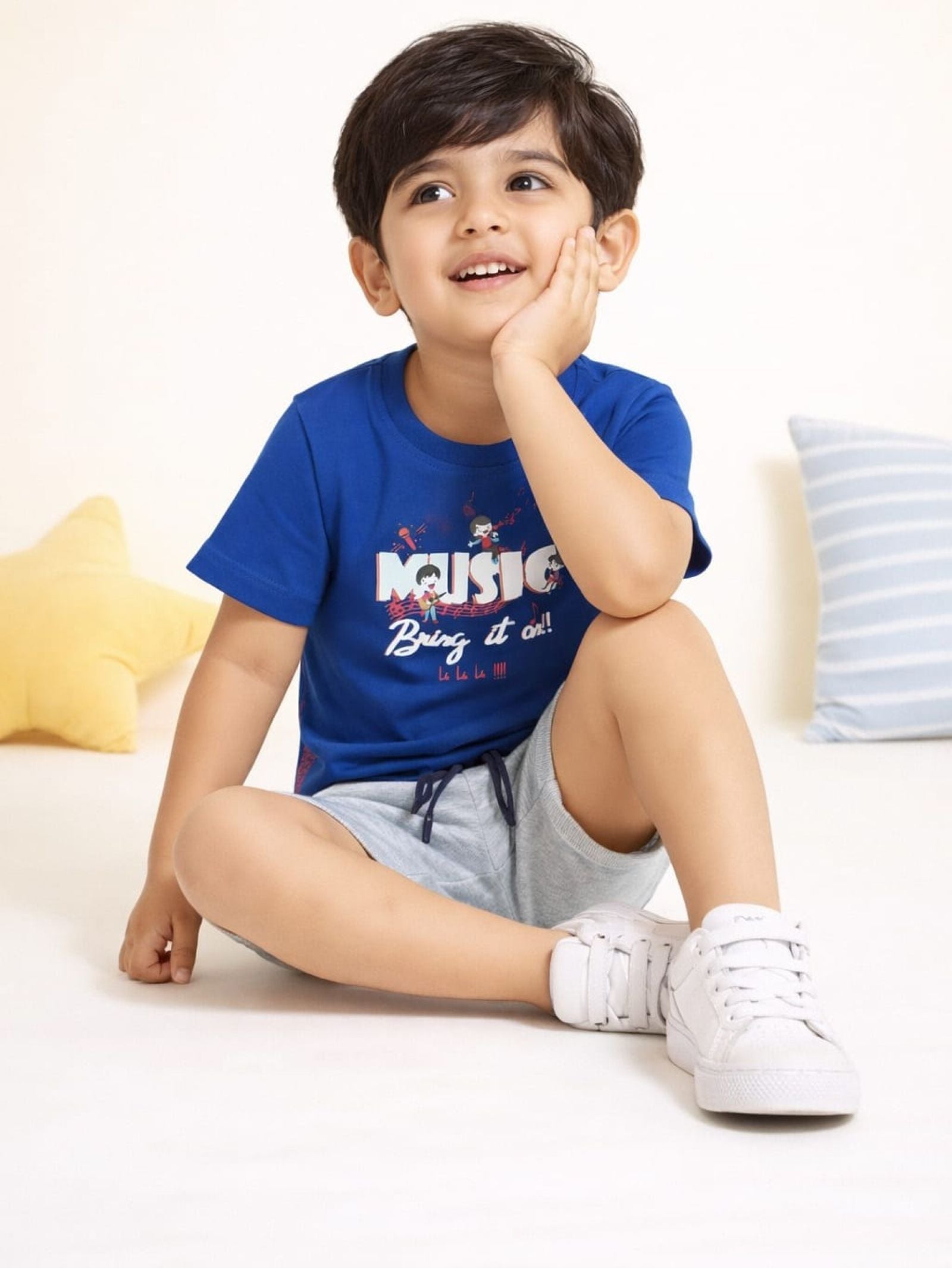 Cotton Lycra Knit Half Sleeves Printed Tee & Shorts Set - Navy Blue & Grey