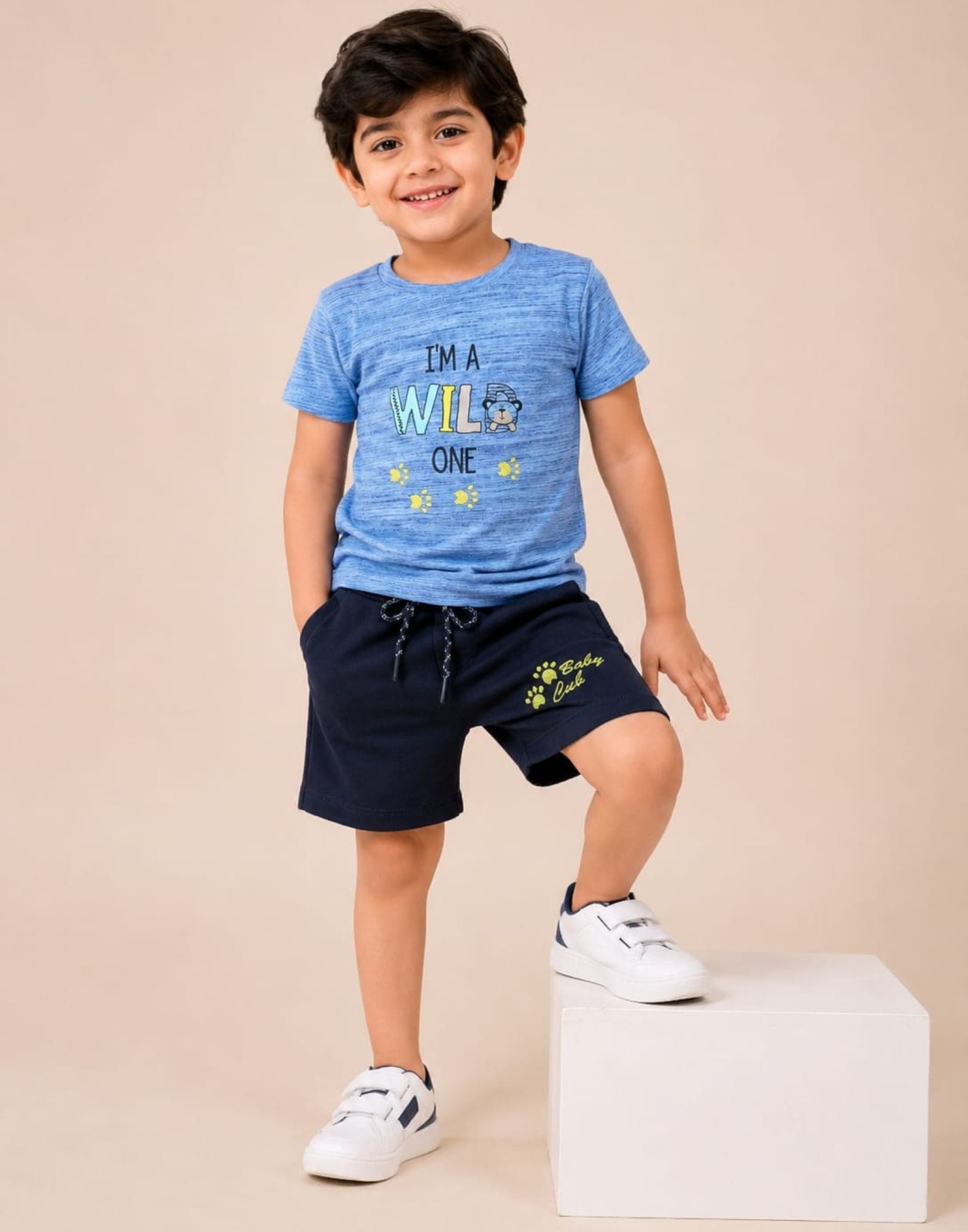 Cotton Knit Lycra Half Sleeves Wild One Printed Tee and Shorts Set - SkyBlue & Navy