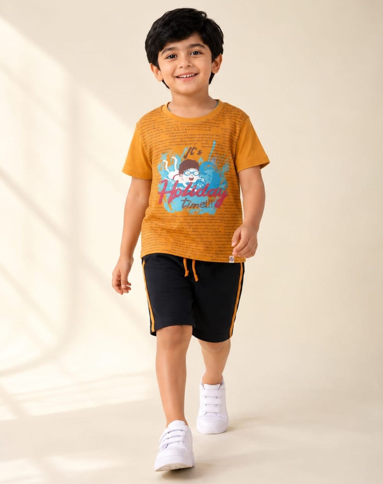 Cotton Knit Lycra Half Sleeves HD Printed Tee and Shorts Set - Orange & Black