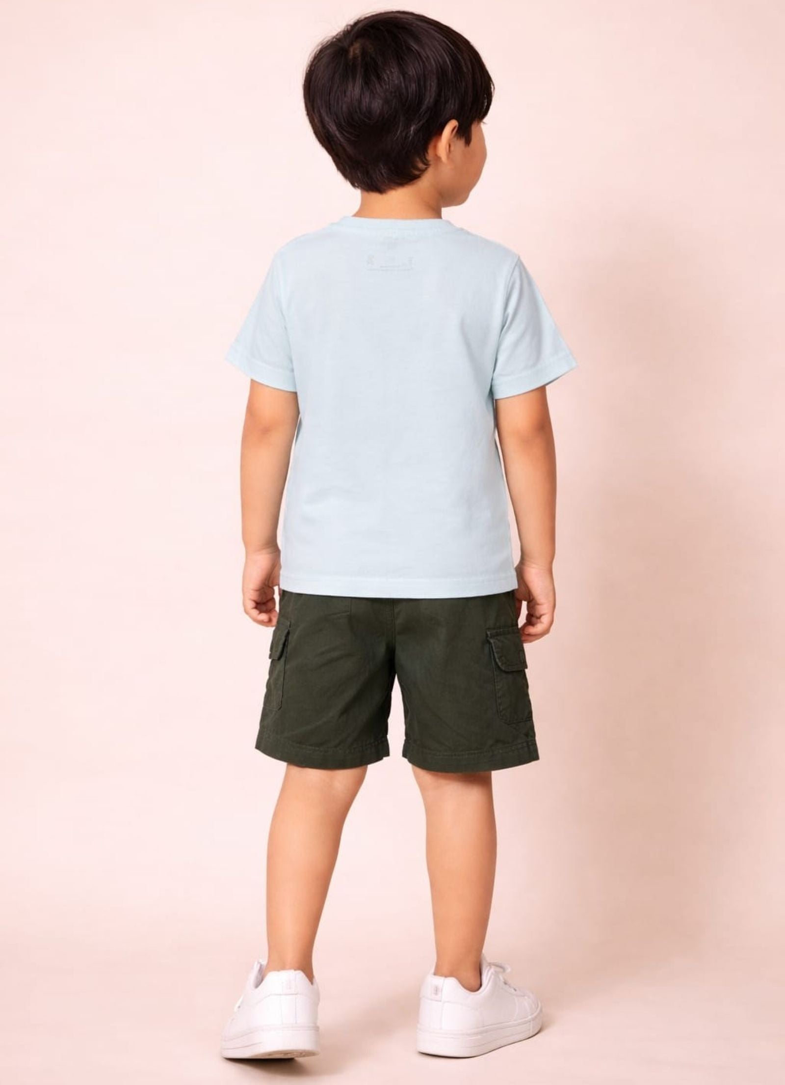 Cotton Lycra Knit Half Sleeves Printed Tee & Woven Cargo Shorts Set - Off White & Green