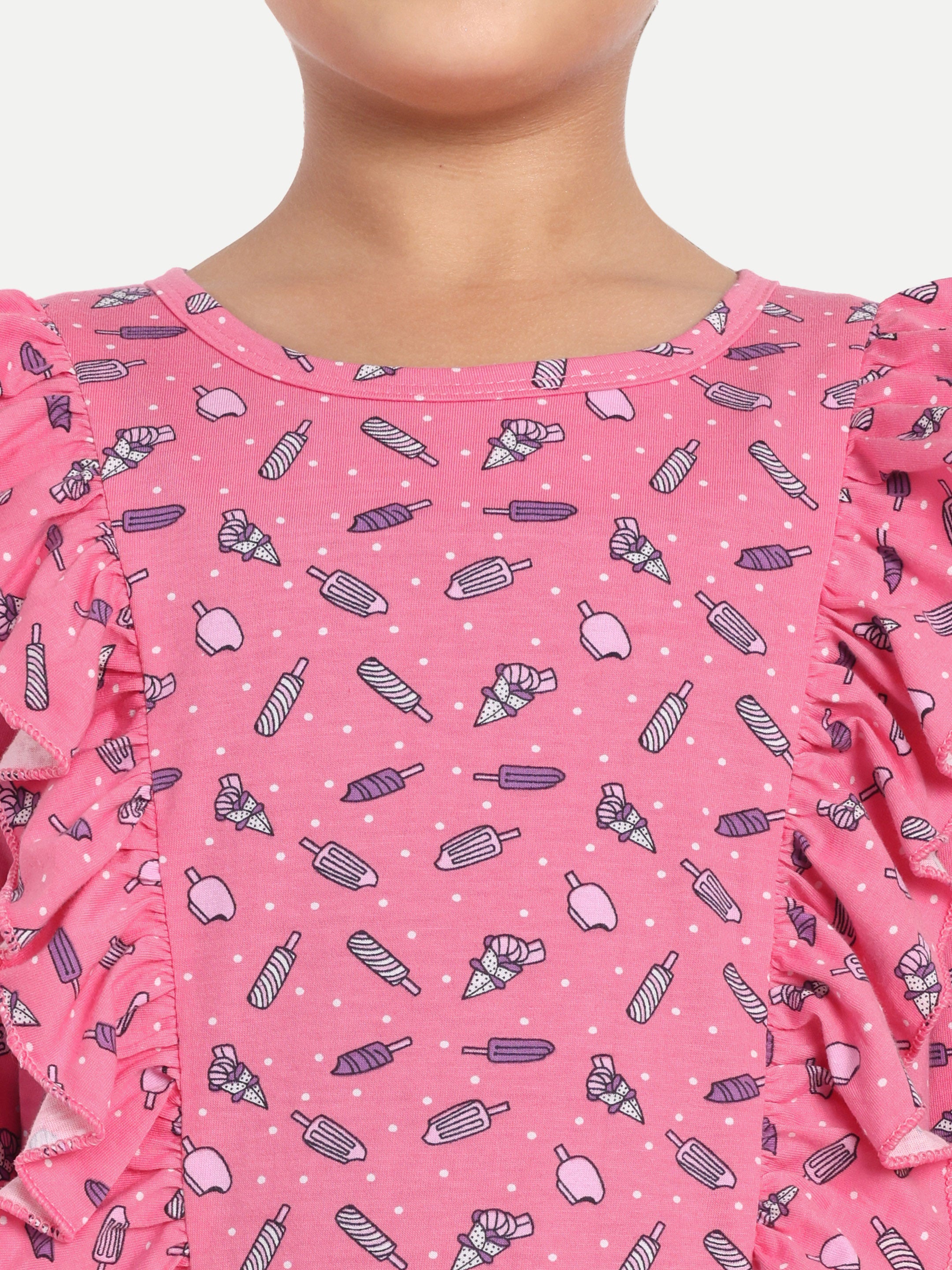 Cotton Knit Full Sleeves Icecream Printed Top with Frills and Lounge Pant