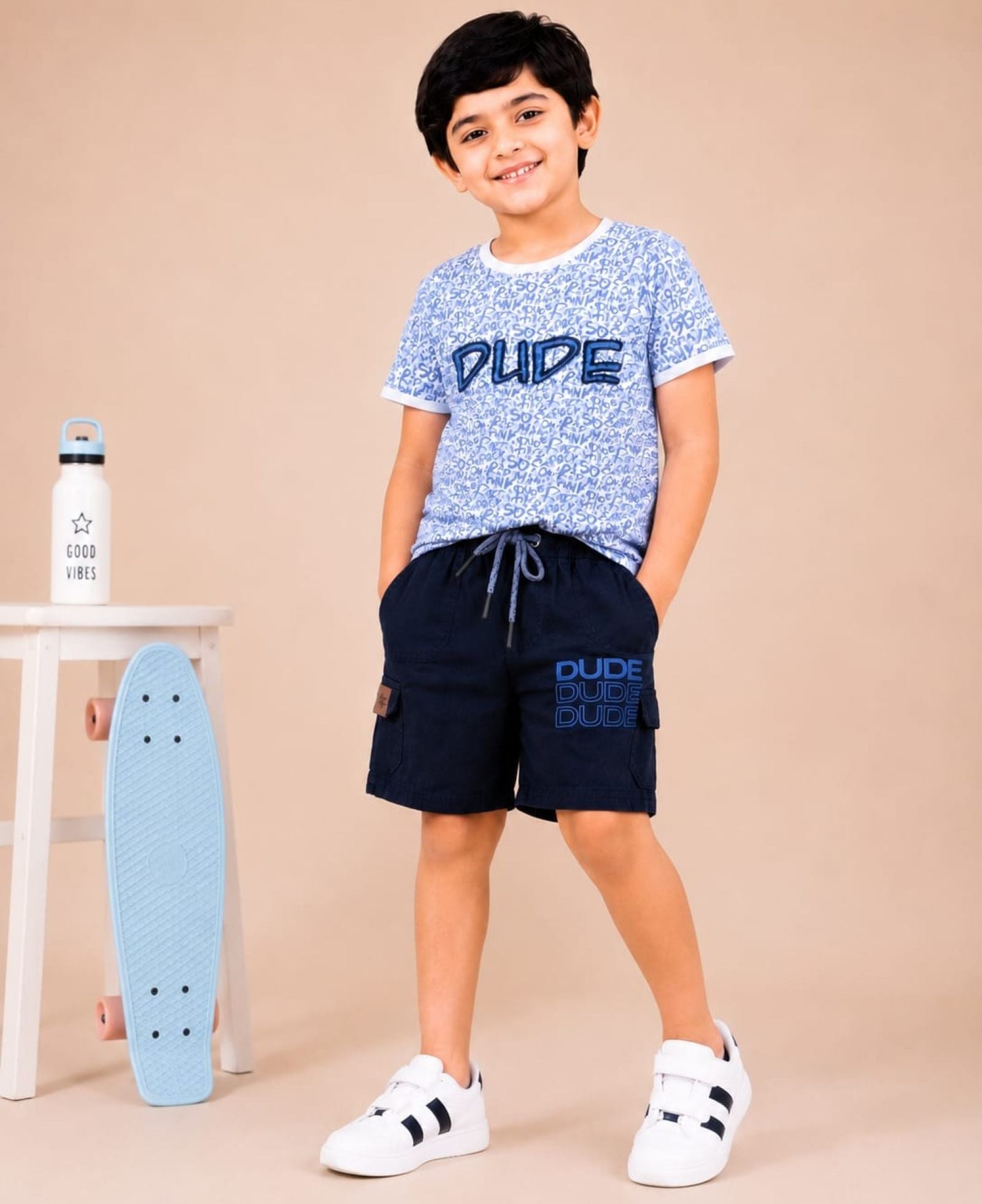 Cotton Knit Lycra Half Sleeves Allover Printed Tee and Woven Cargo Shorts Set - Skyblue & Navy