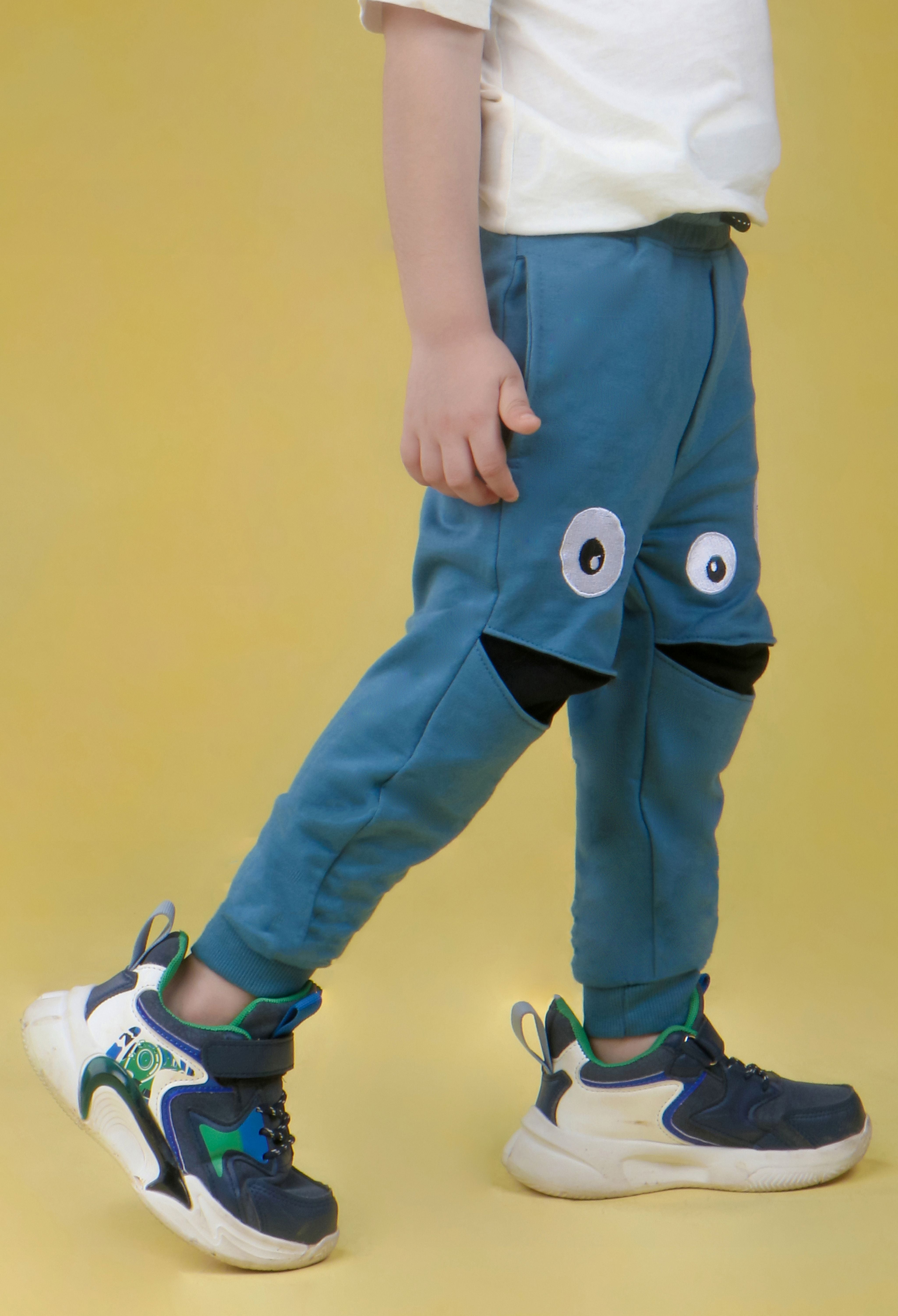 Cotton Loopknit Knee Smiley Joggers With Rib And Drawstring - Blue