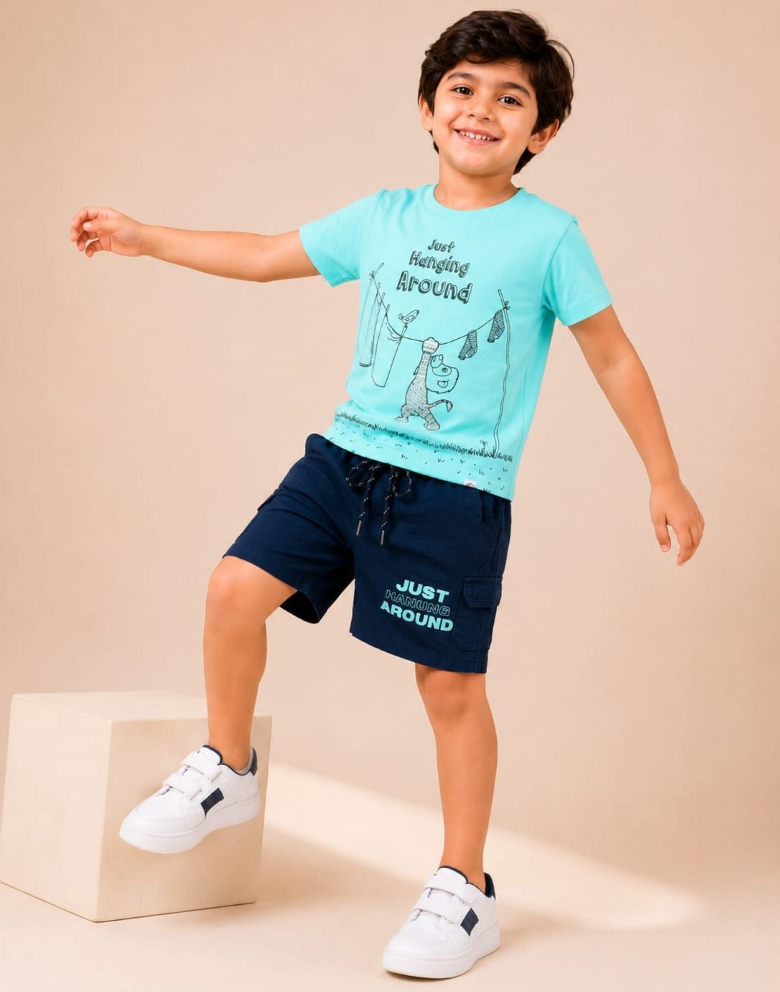 Cotton Knit Lycra Half Sleeves Printed Tee and Woven Cargo Shorts Set - Seagreen & Navy