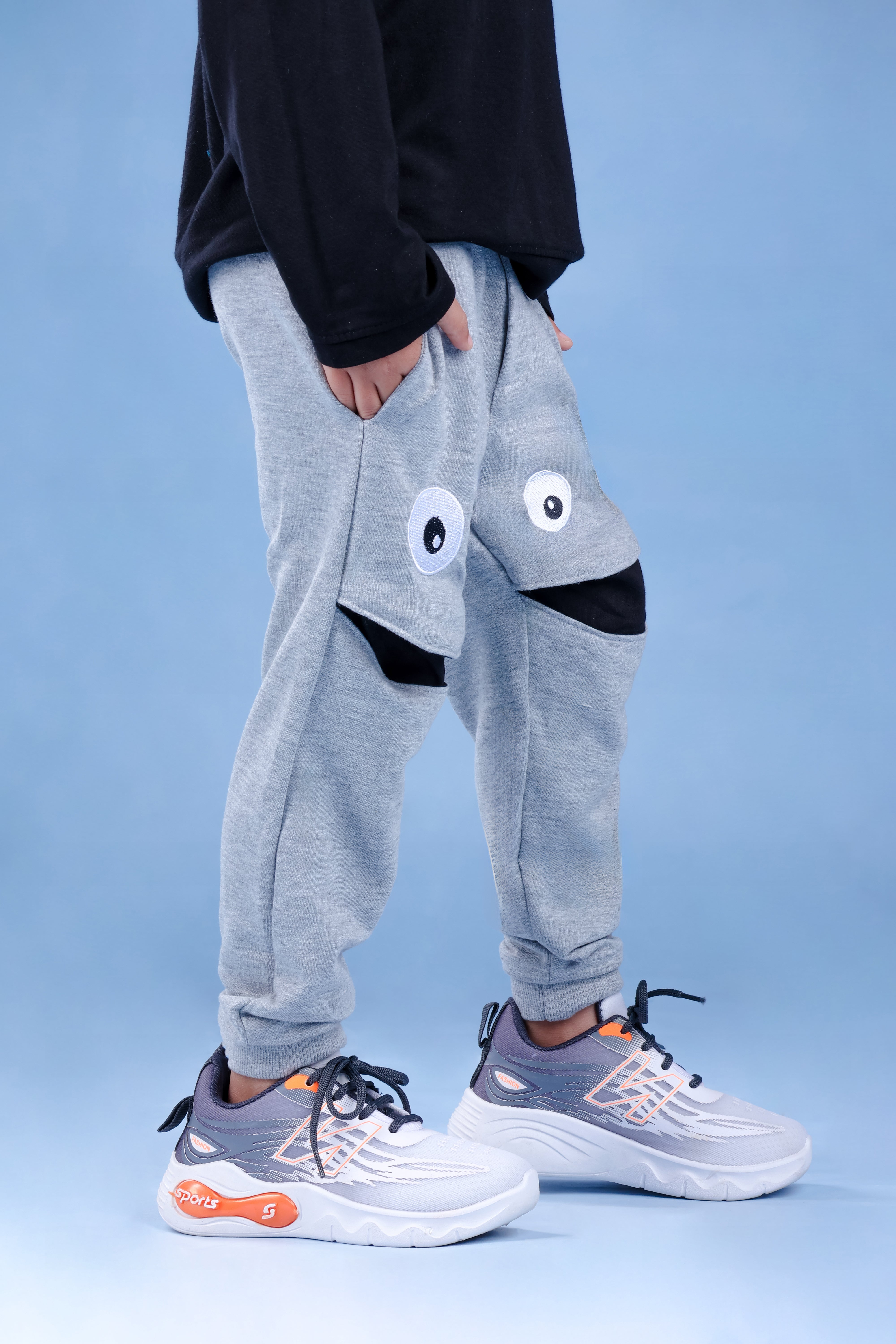 Cotton Loopknit Knee Smiley Joggers With Rib And Drawstring - Grey