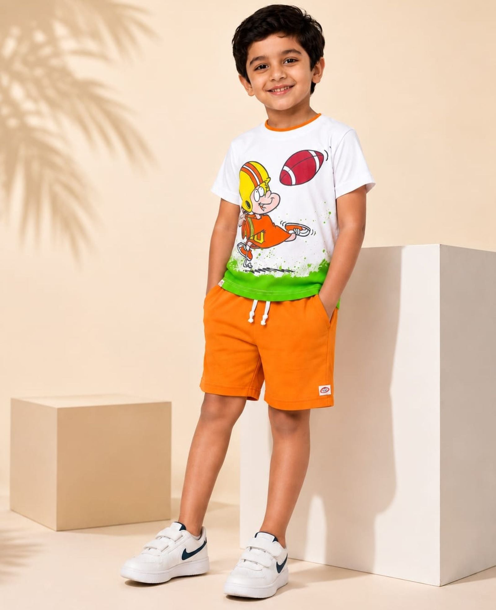 Cotton Knit Lycra Half Sleeves Printed Tee and Shorts Set - Offwhite & Orange