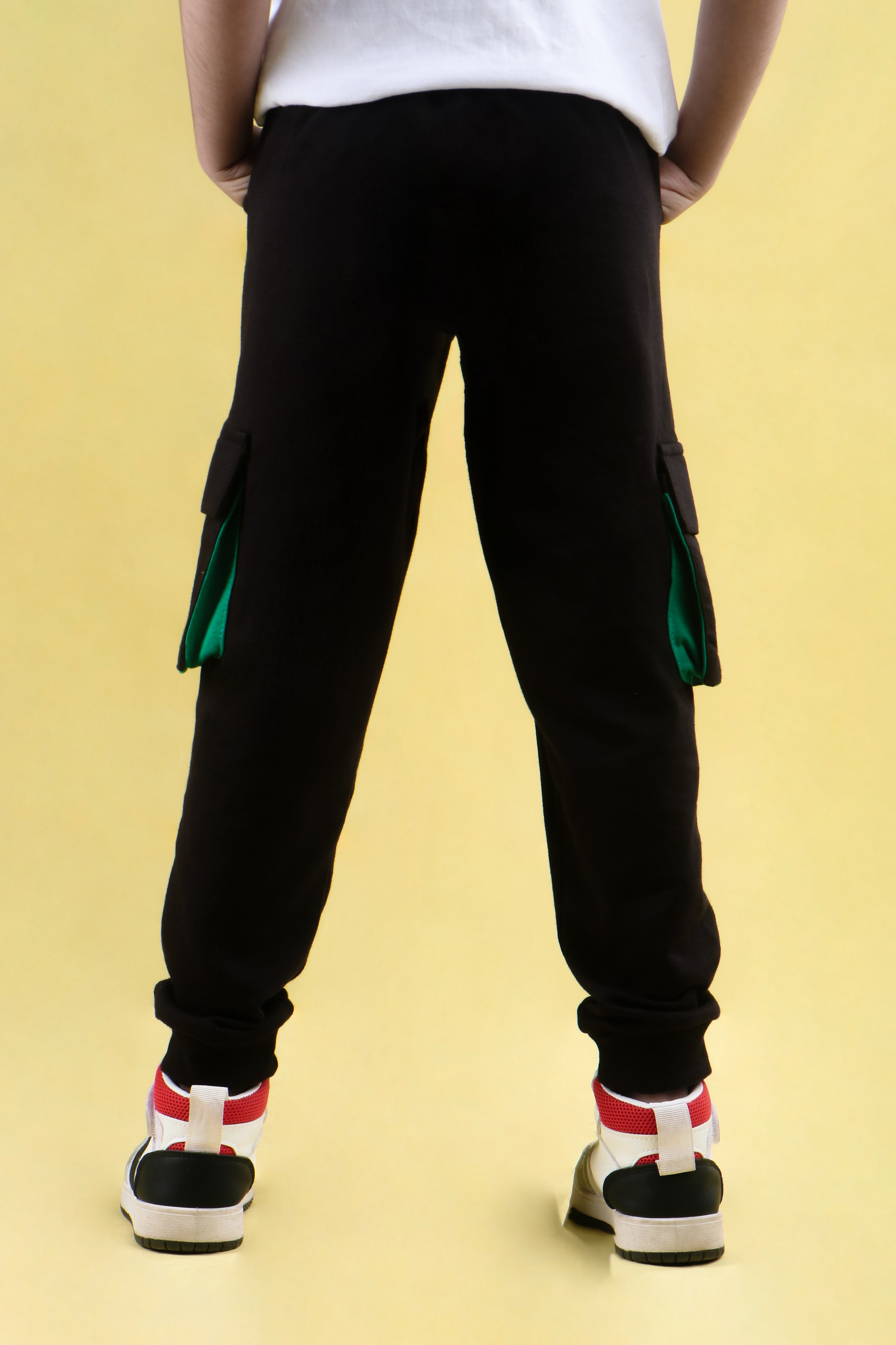 Cotton Looper Full Length Fancy Box Pocketed Gen Alpha Printed Joggers - Black