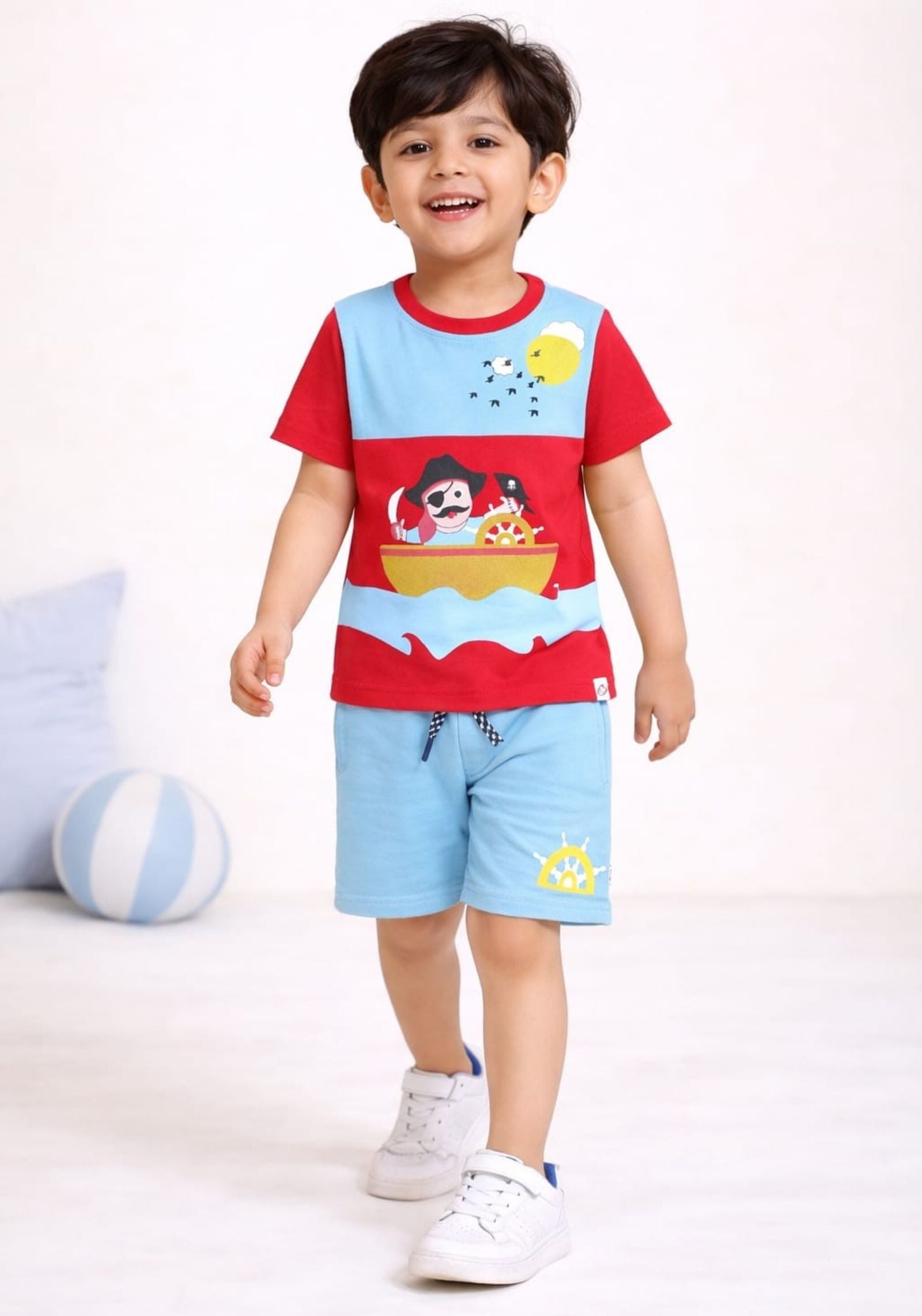  Cotton Lycra Knit Half Sleeves Printed Tee & Shorts Set - Red & Sky Blue