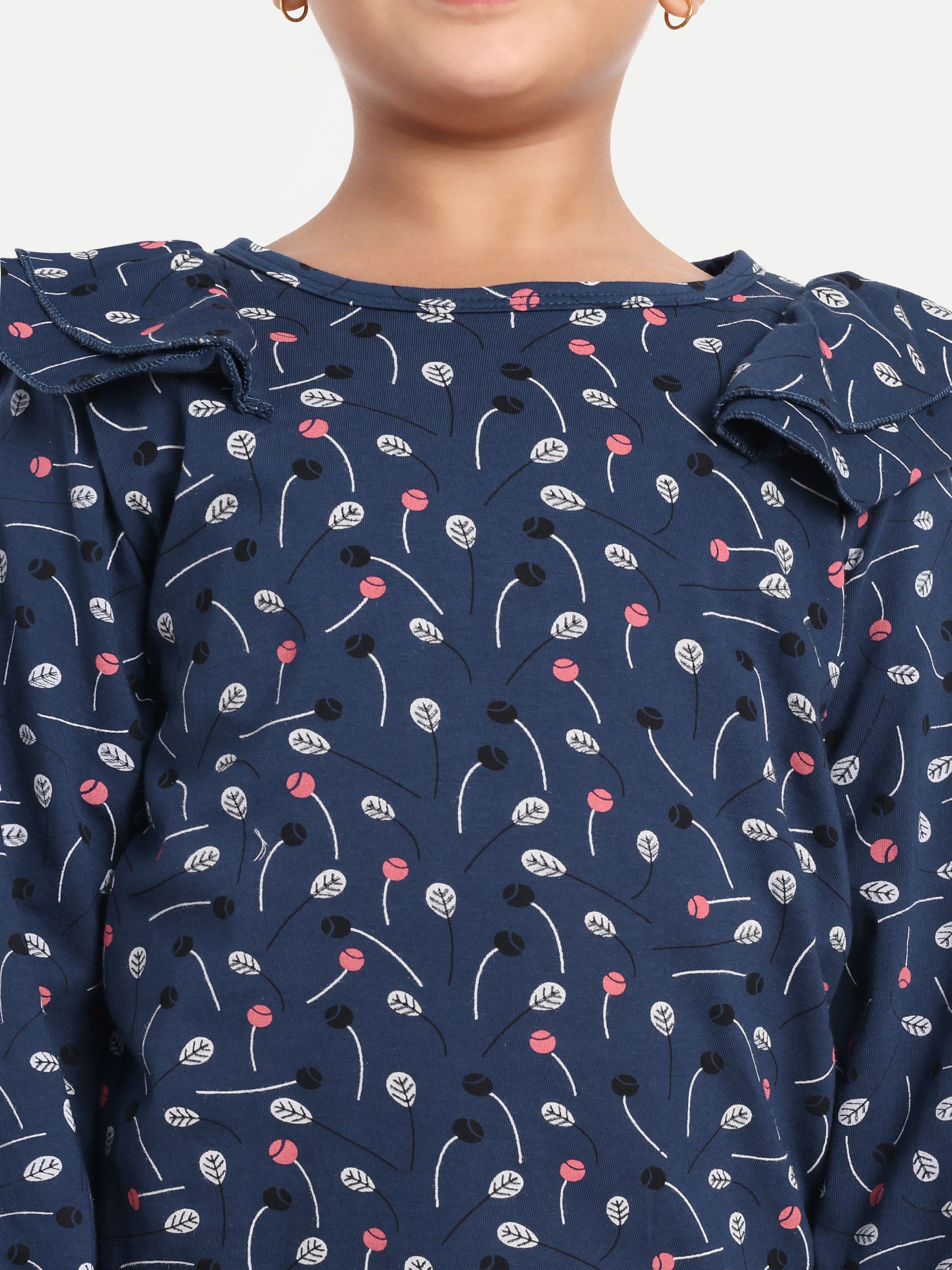 Cotton Knit Full Sleeves Floral Printed Frill Top and Lounge Pant