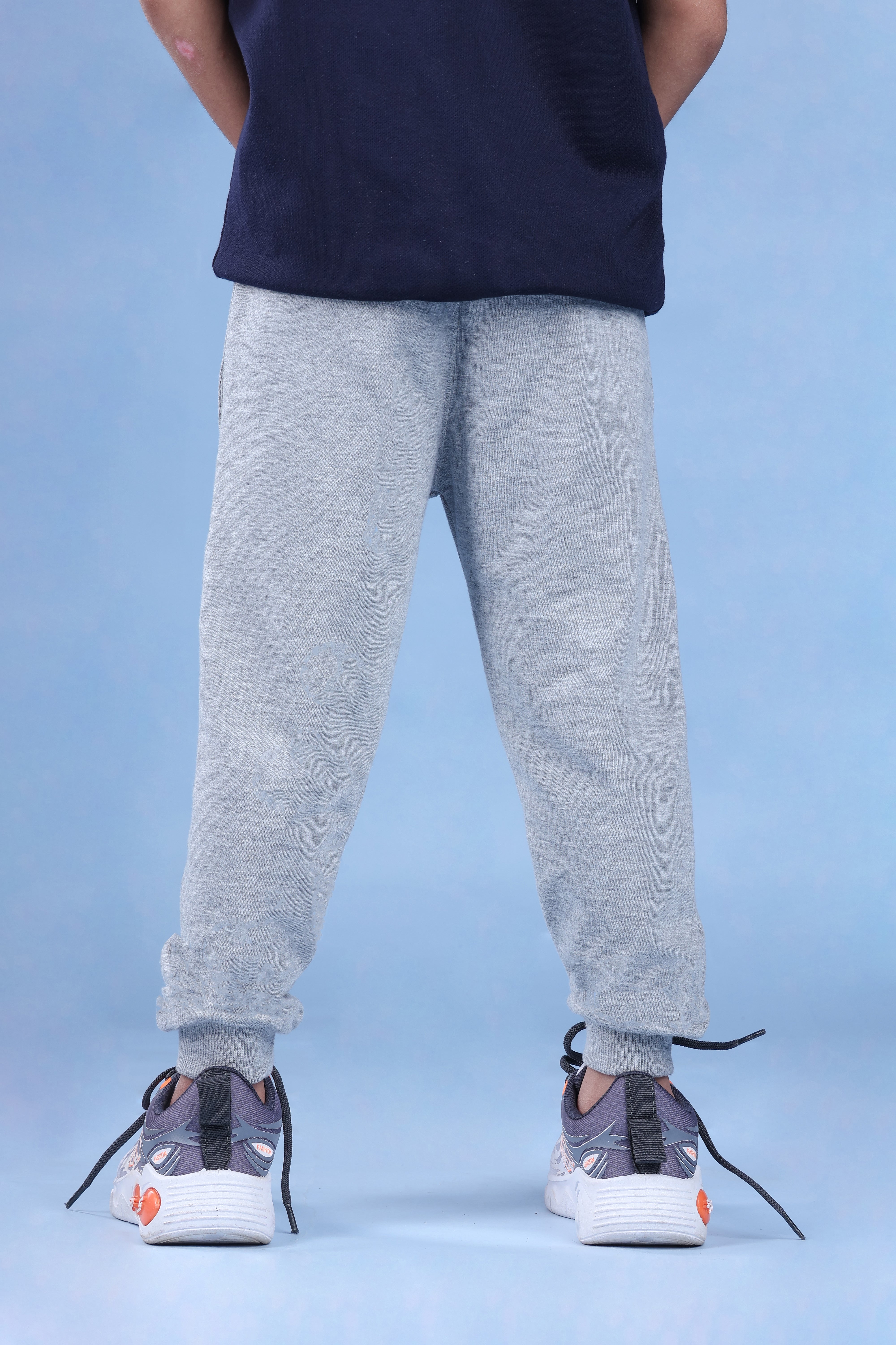 Cotton Loopknit Knee Bear Joggers With Rib And Drawstring - Grey