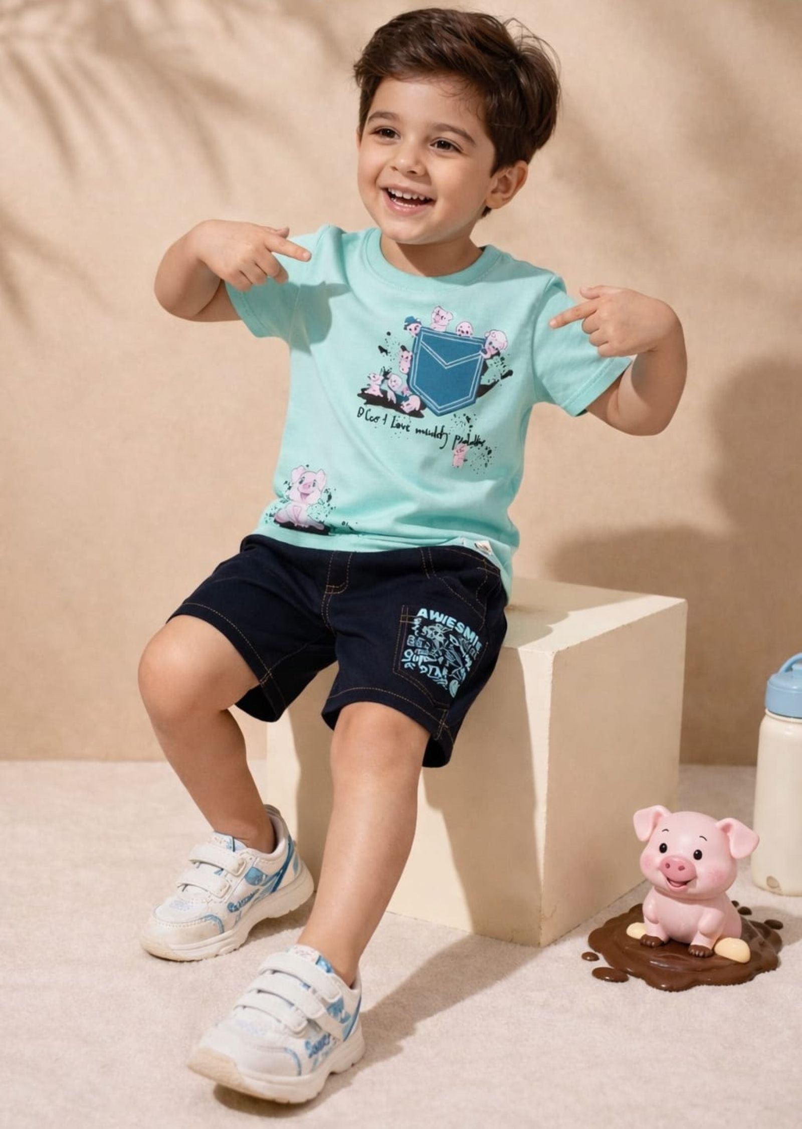 Cotton Lycra Knit Half Sleeves Printed Tee & Denim Shorts Set - Sky Blue & Navy Blue