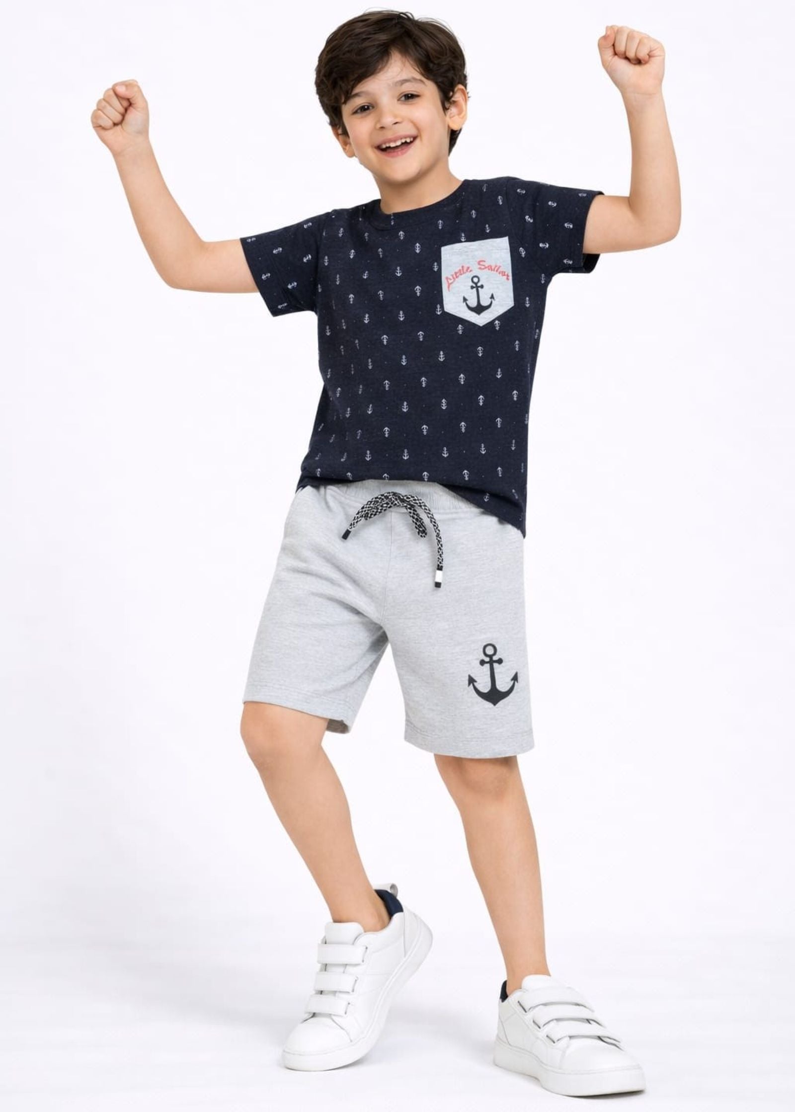 Cotton Lycra Knit Half Sleeves Printed Tee & Shorts Set - Charcoal & Grey