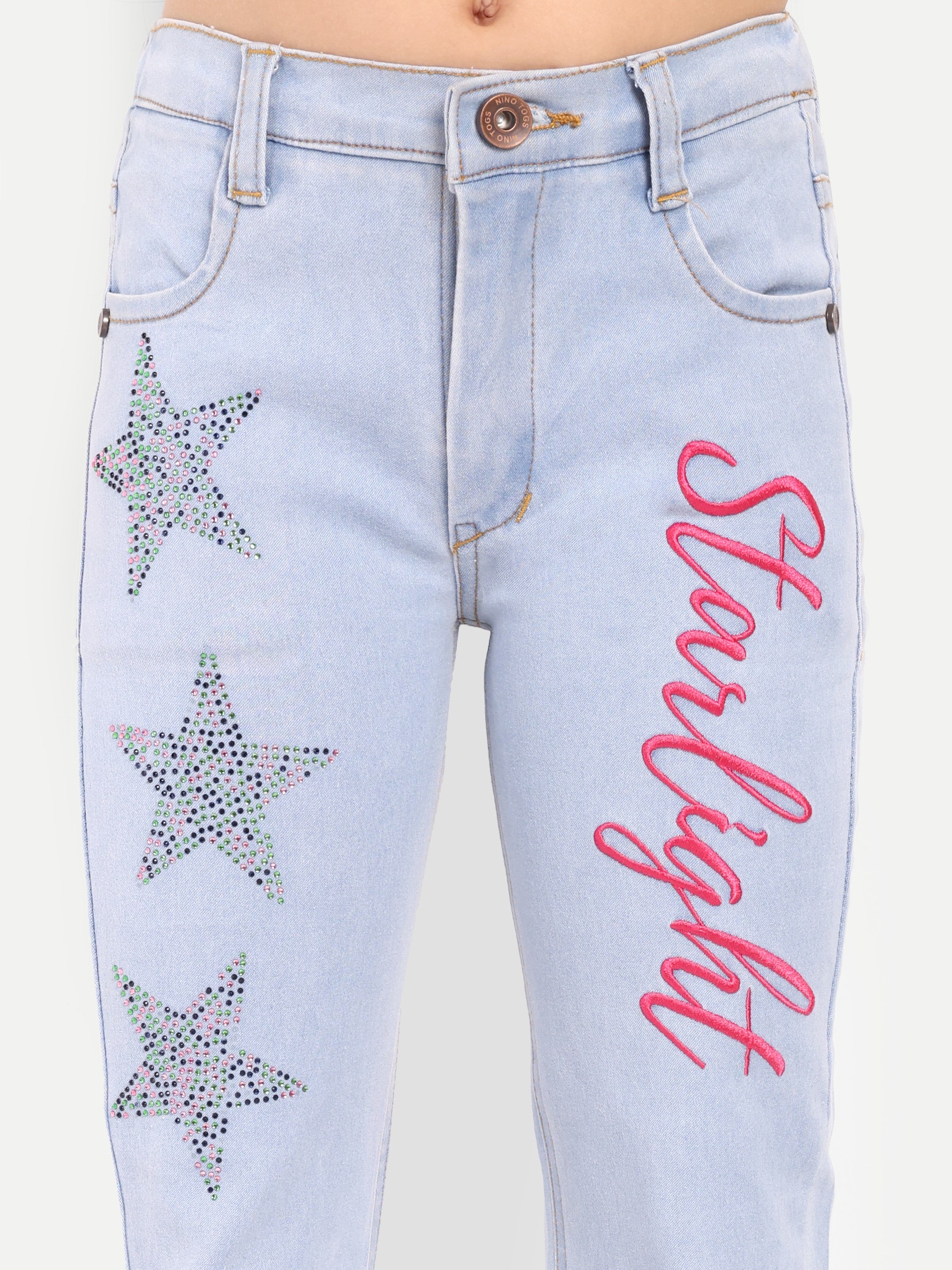 Stretchable Flared Jeans with Rhinestone Stars