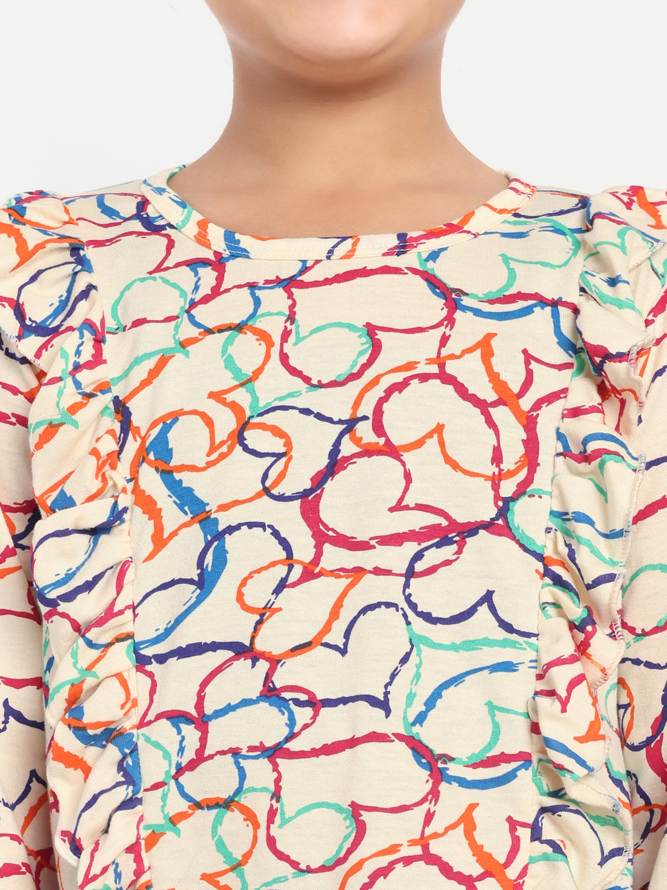 Cotton Knit Full Sleeves Multicolor Hearts Printed Top and Lounge Pant