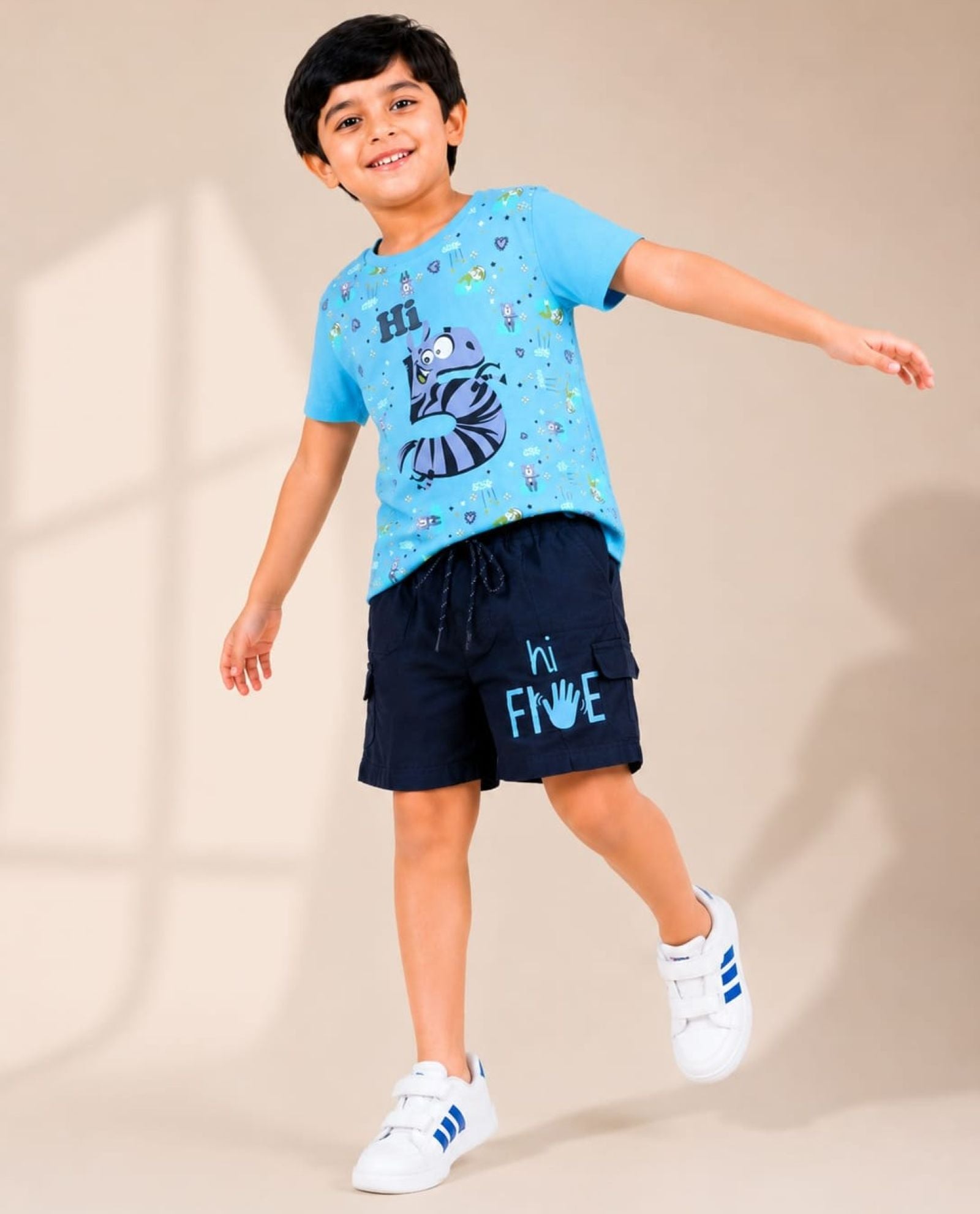 Cotton Knit Lycra Half Sleeves Printed Tee and Woven Cargo Shorts Set - Skyblue & Navy