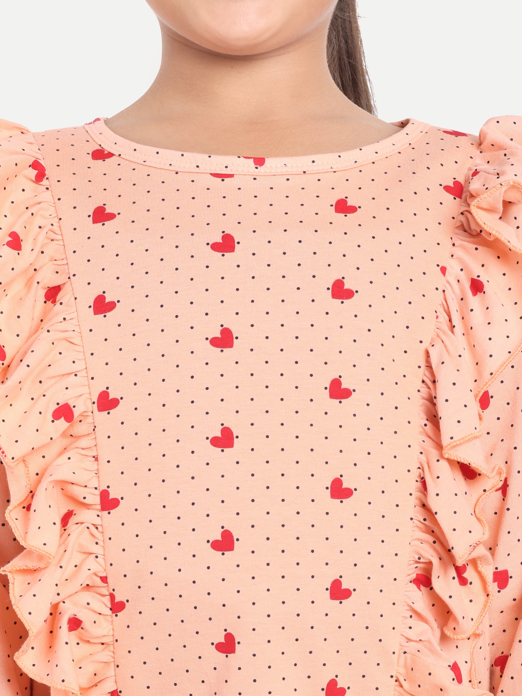 Cotton Knit Full Sleeves Hearts Printed Ruffle Top and Lounge Pant