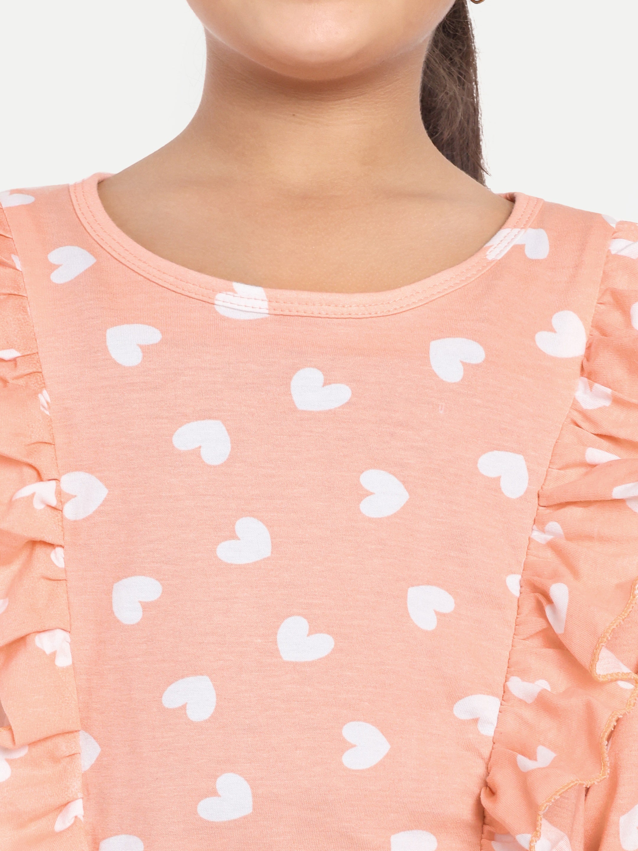 Cotton Knit Full Sleeves Hearts Printed Top with Frills and Lounge Pant