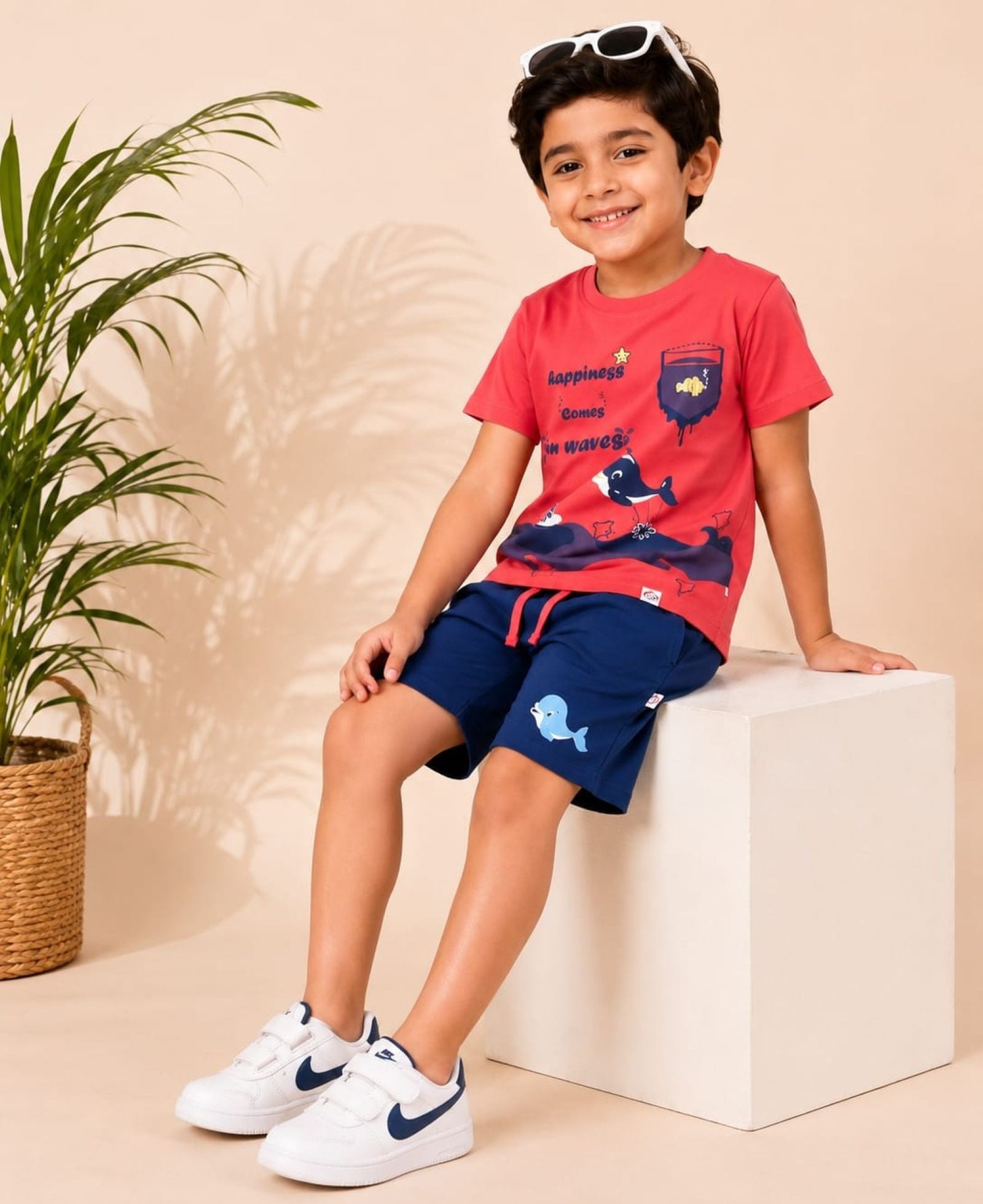 Cotton Knit Lycra Half Sleeves Printed Tee and Shorts Set - Peach & Navy