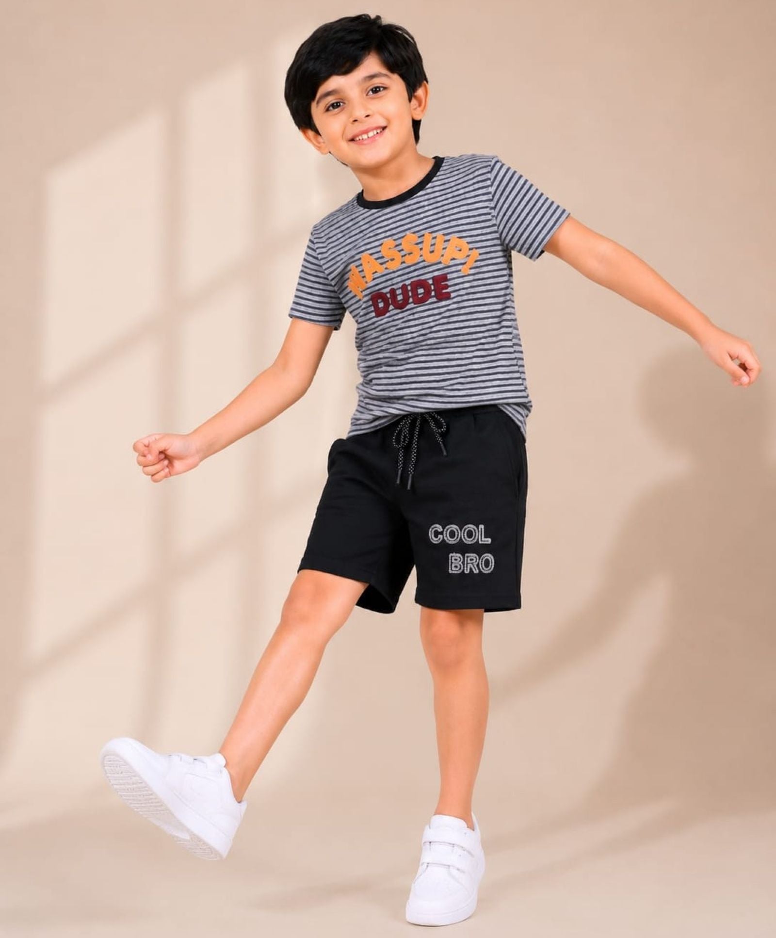 Cotton Knit Lycra Half Sleeves Embroidered Tee and Shorts Set - Grey & Black