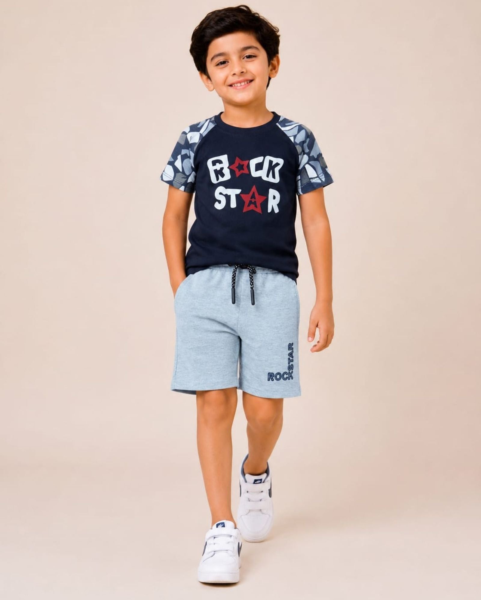 Cotton Knit Lycra Raglan Half Sleeves Printed Tee and Shorts Set - Multicolor & Grey