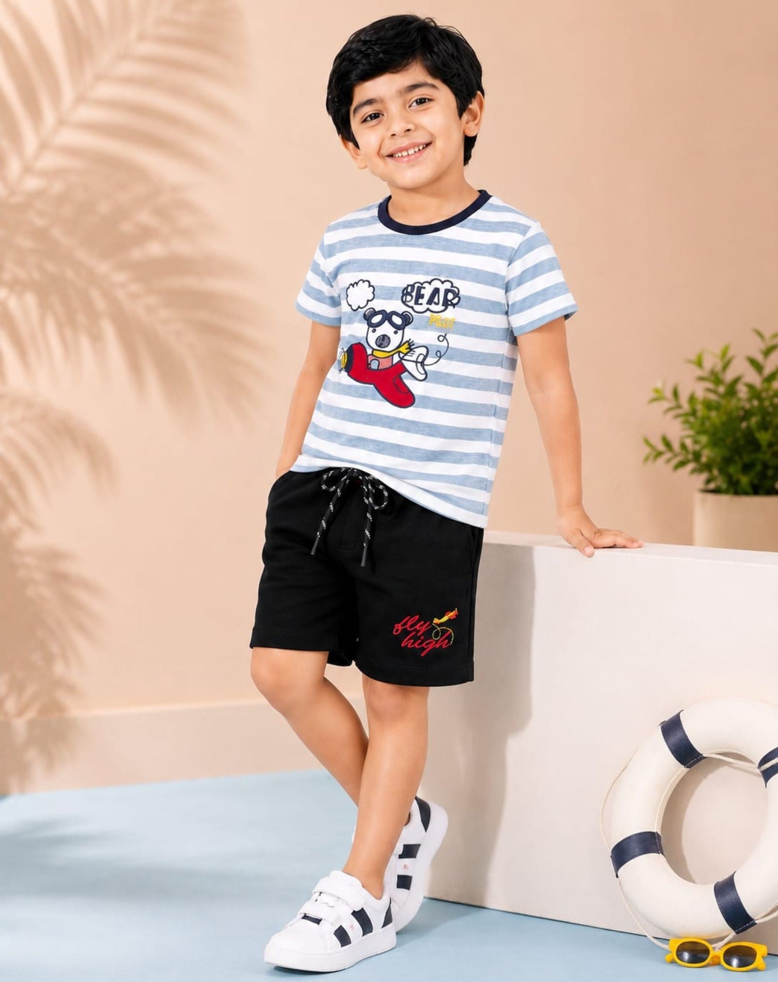 Cotton Knit Half Sleeves Embroidered Tee and Shorts Set - Offwhite & Black