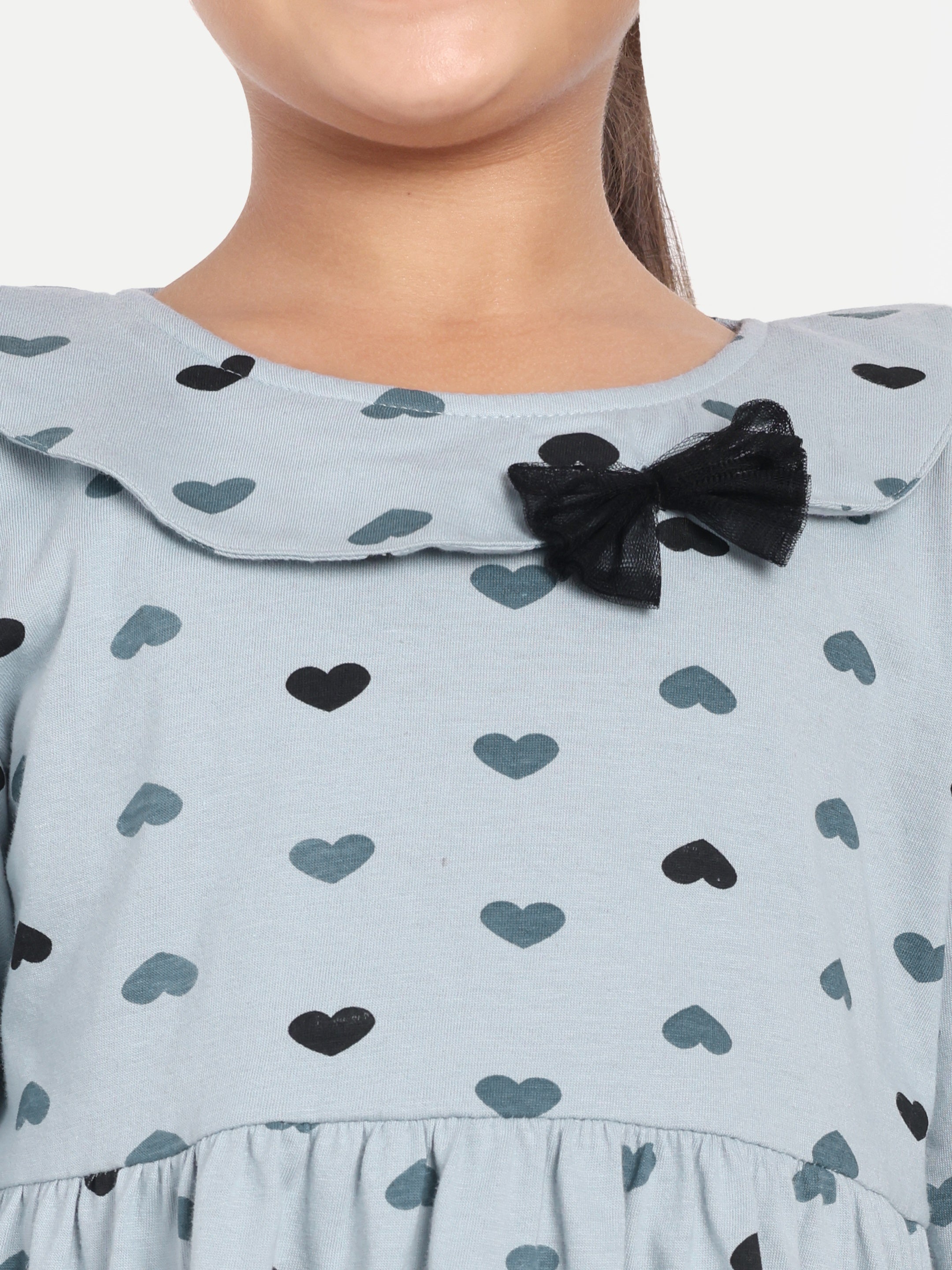 Cotton Knit Full Sleeves Heart Printed Top with Bow and Lounge Pant